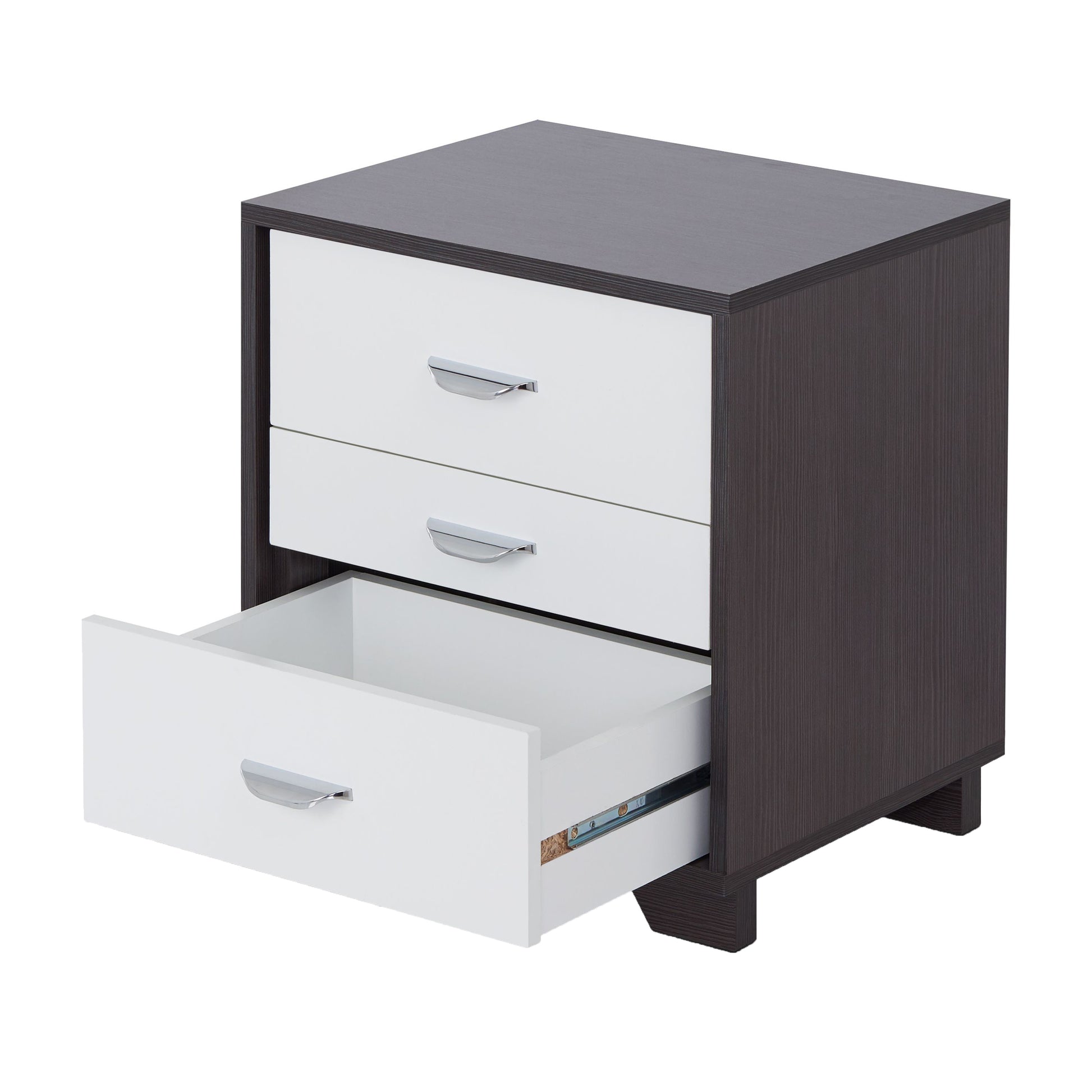 Dark wood and white drawer nightstand with chrome handles one drawer open