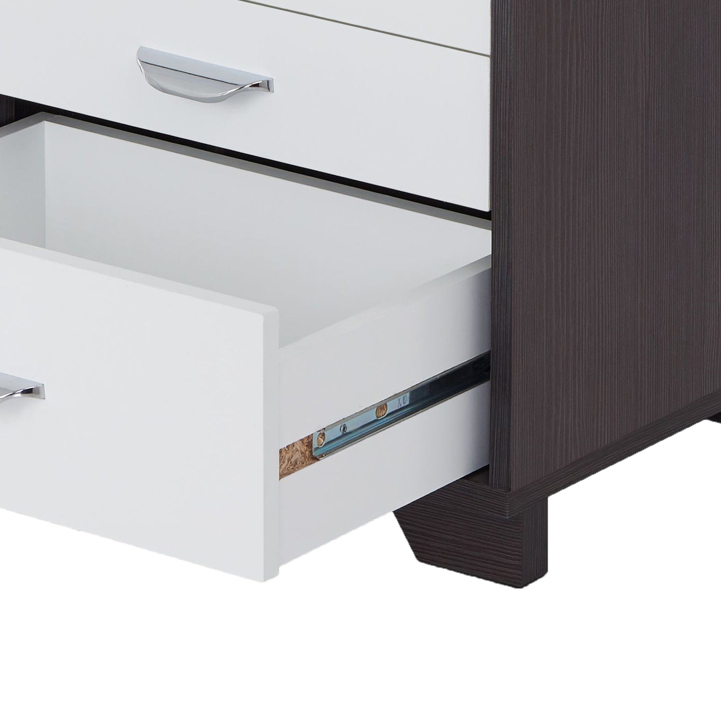 White and dark wood bedside table with open drawer and chrome handle