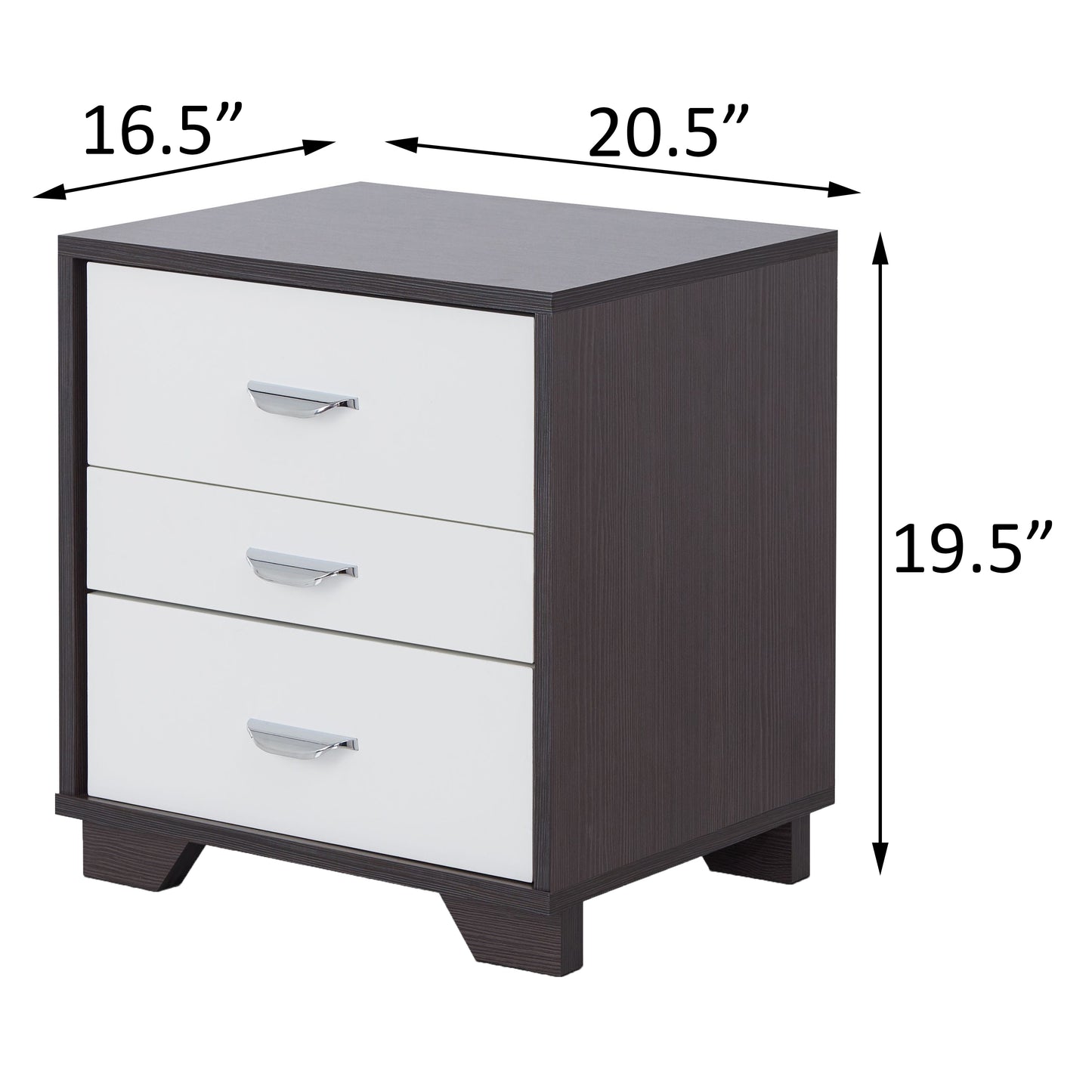 Contemporary dark wood and white drawer nightstand with silver handles