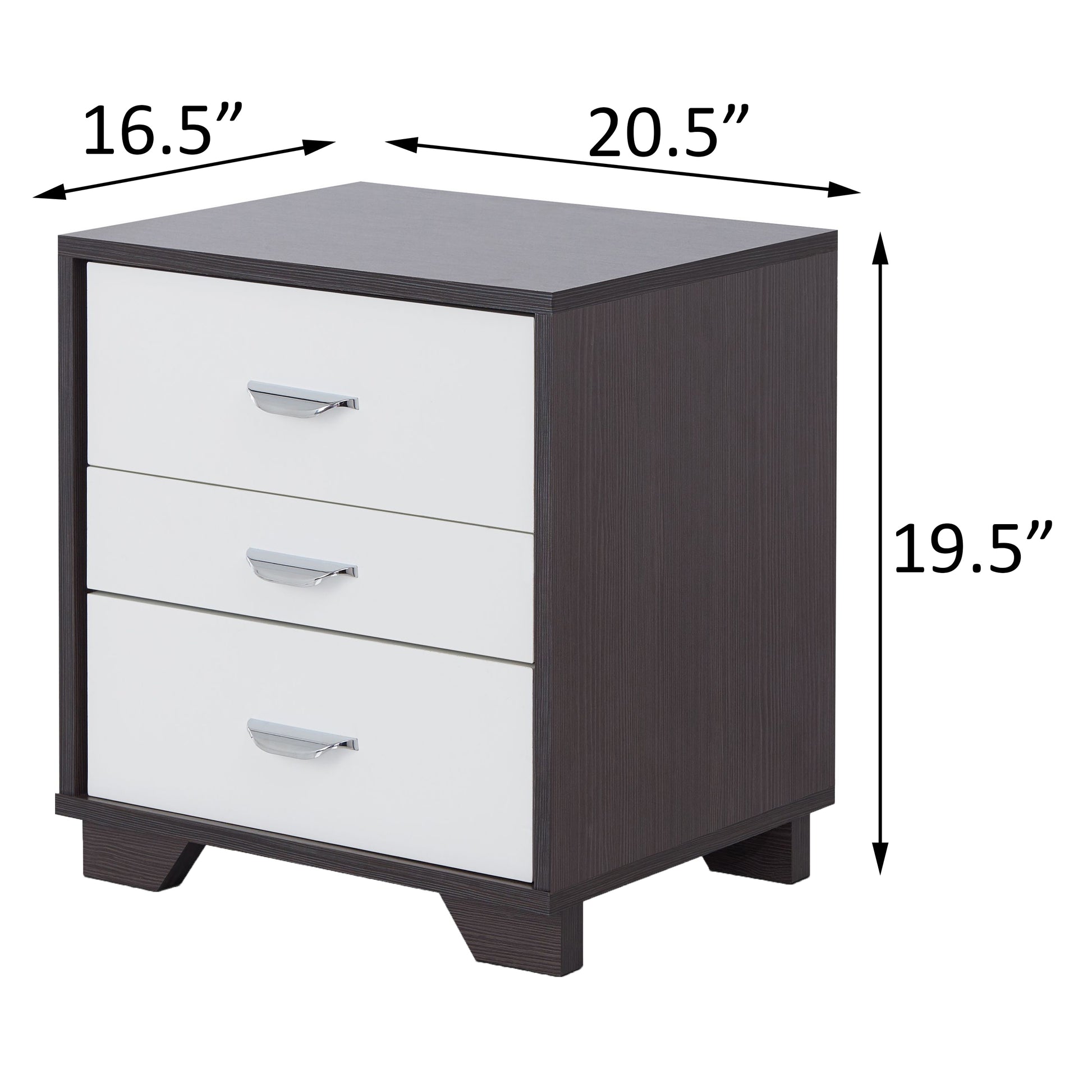 Contemporary dark wood and white drawer nightstand with silver handles