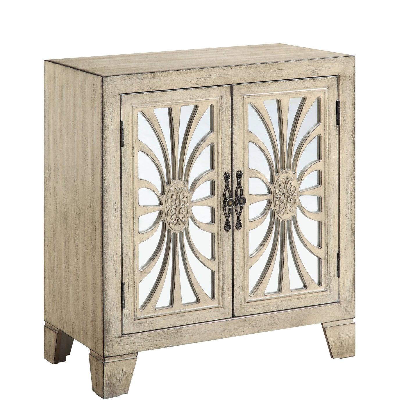 Distressed cream cabinet with mirrored sunburst doors and antique brass pulls