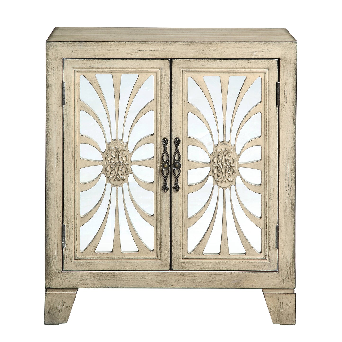 Antique white accent cabinet with mirrored doors and decorative hardware
