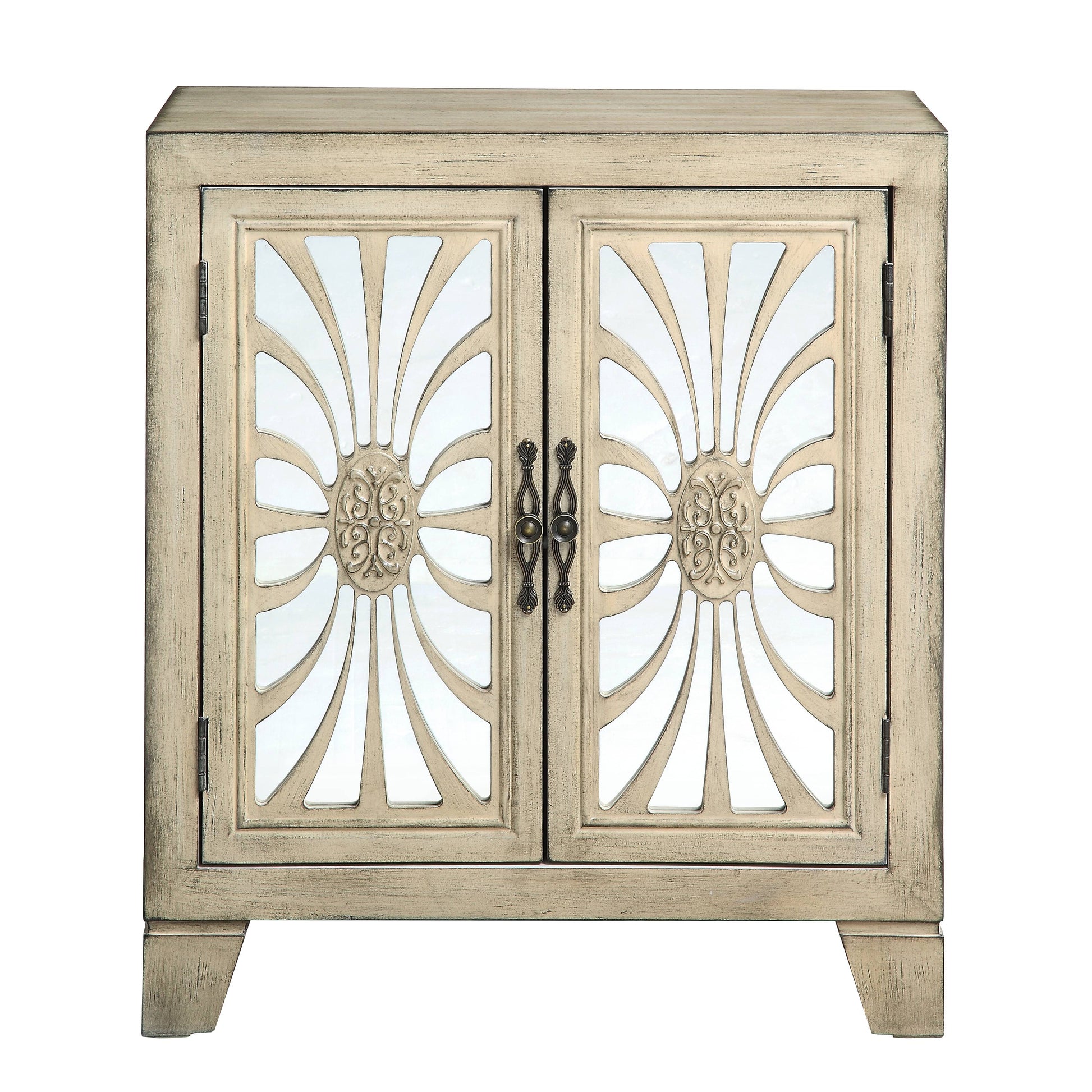 Antique white accent cabinet with mirrored doors and decorative hardware