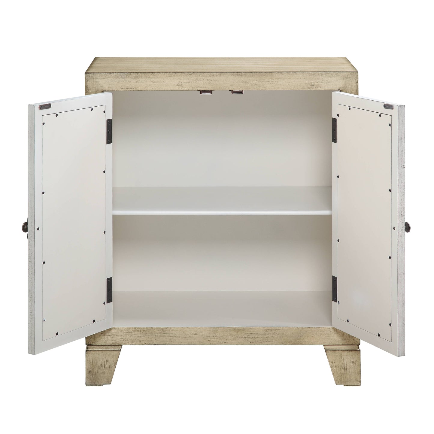Antique white cabinet with open doors revealing two shelves perfect for storage