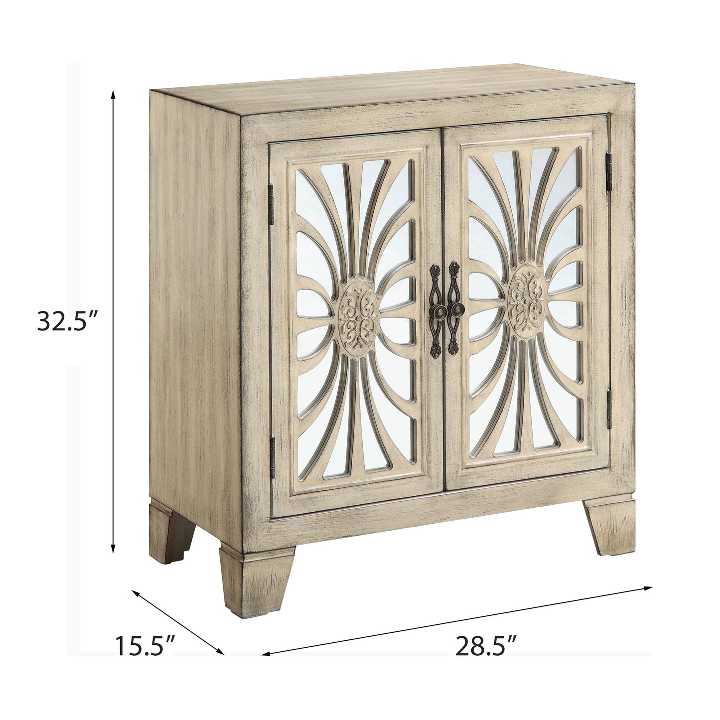 Distressed wood accent cabinet with mirrored doors and ornate details