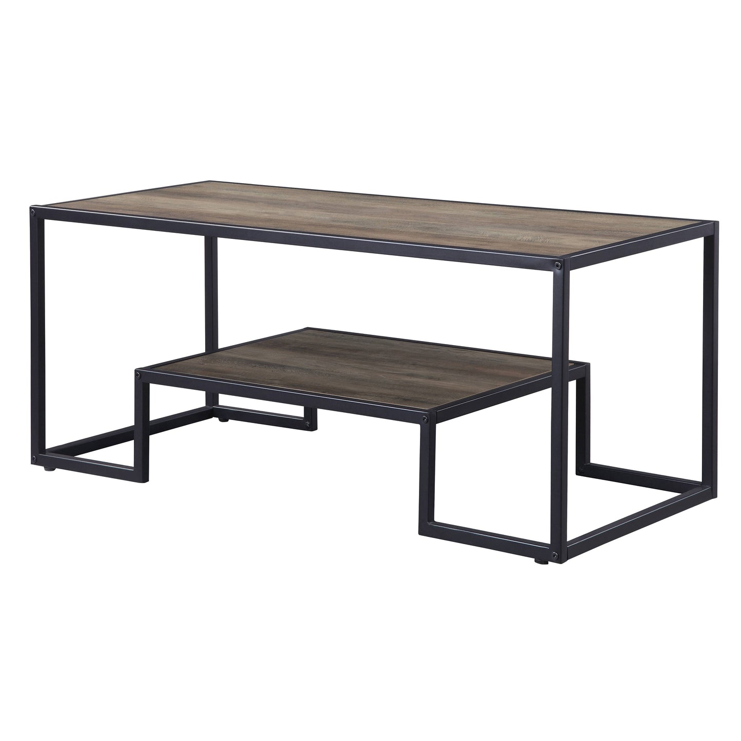 Modern rustic coffee table with two tiered woodlook shelves and black metal frame