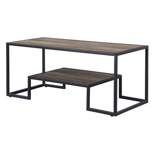 Modern rustic coffee table with two tiered woodlook shelves and black metal frame