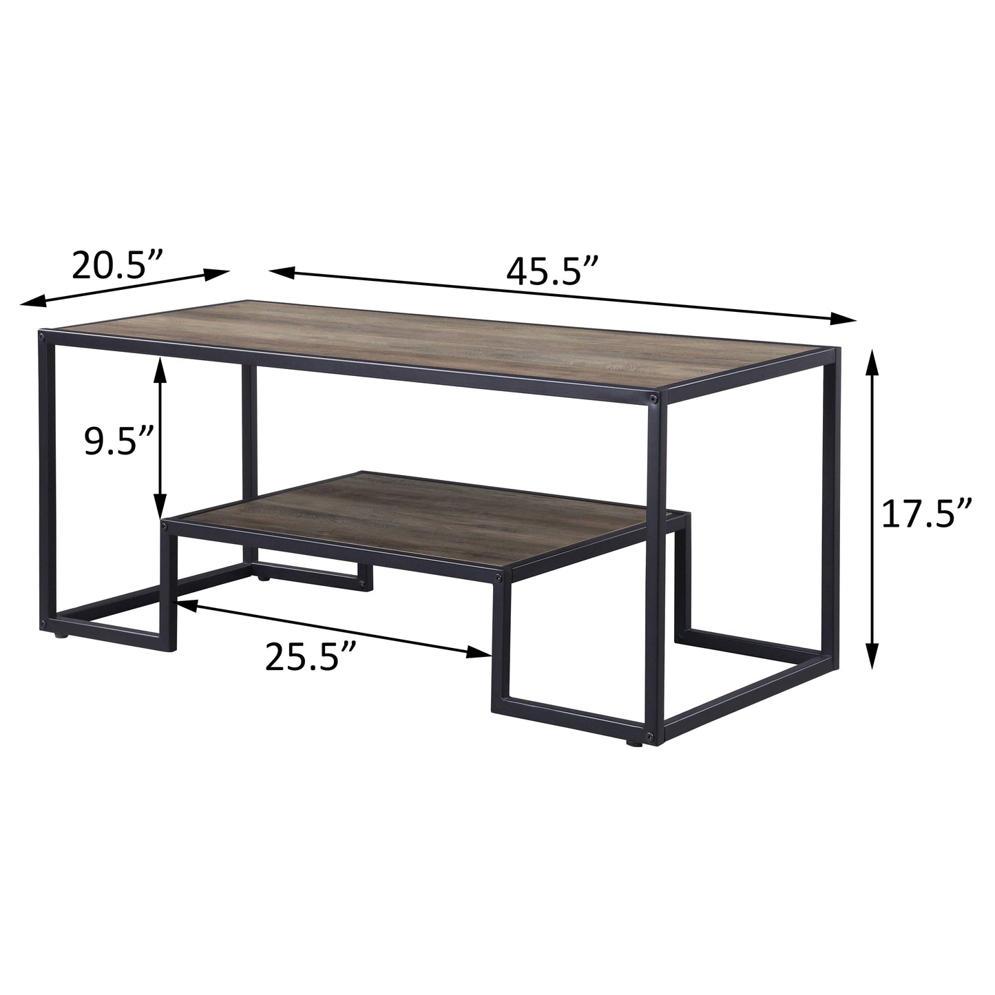 Modern coffee table with rustic woodgrain finish and black metal frame