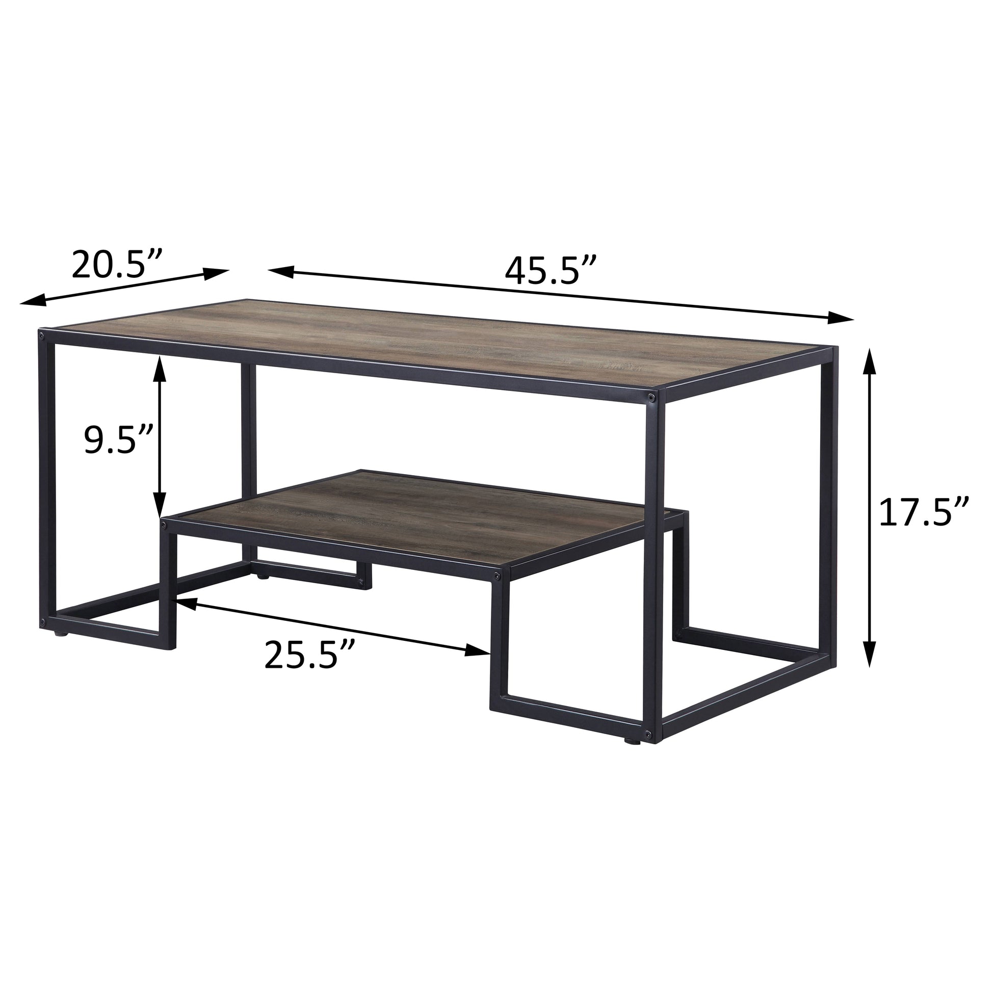 Modern coffee table with rustic woodgrain finish and black metal frame