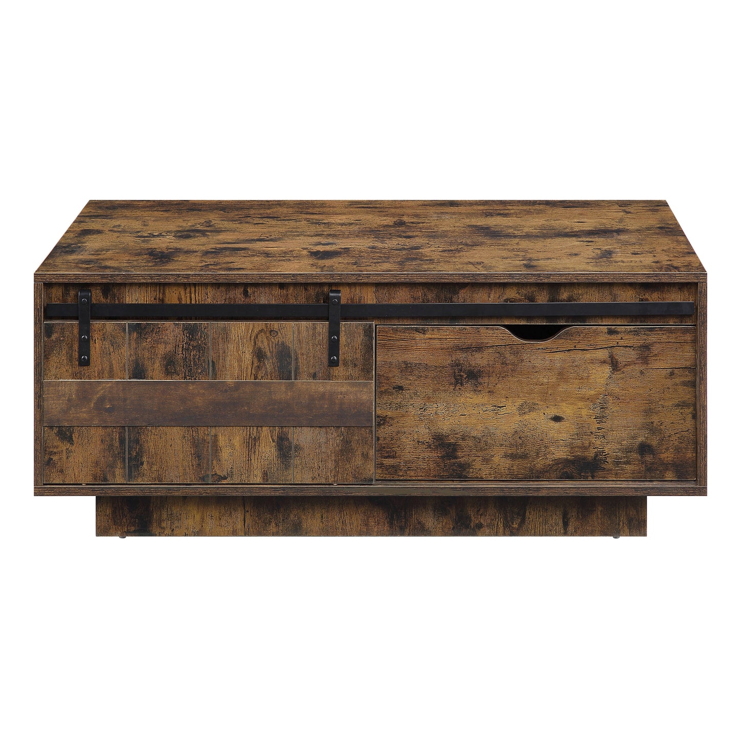 Rustic brown wood coffee table with sliding barn door and drawer