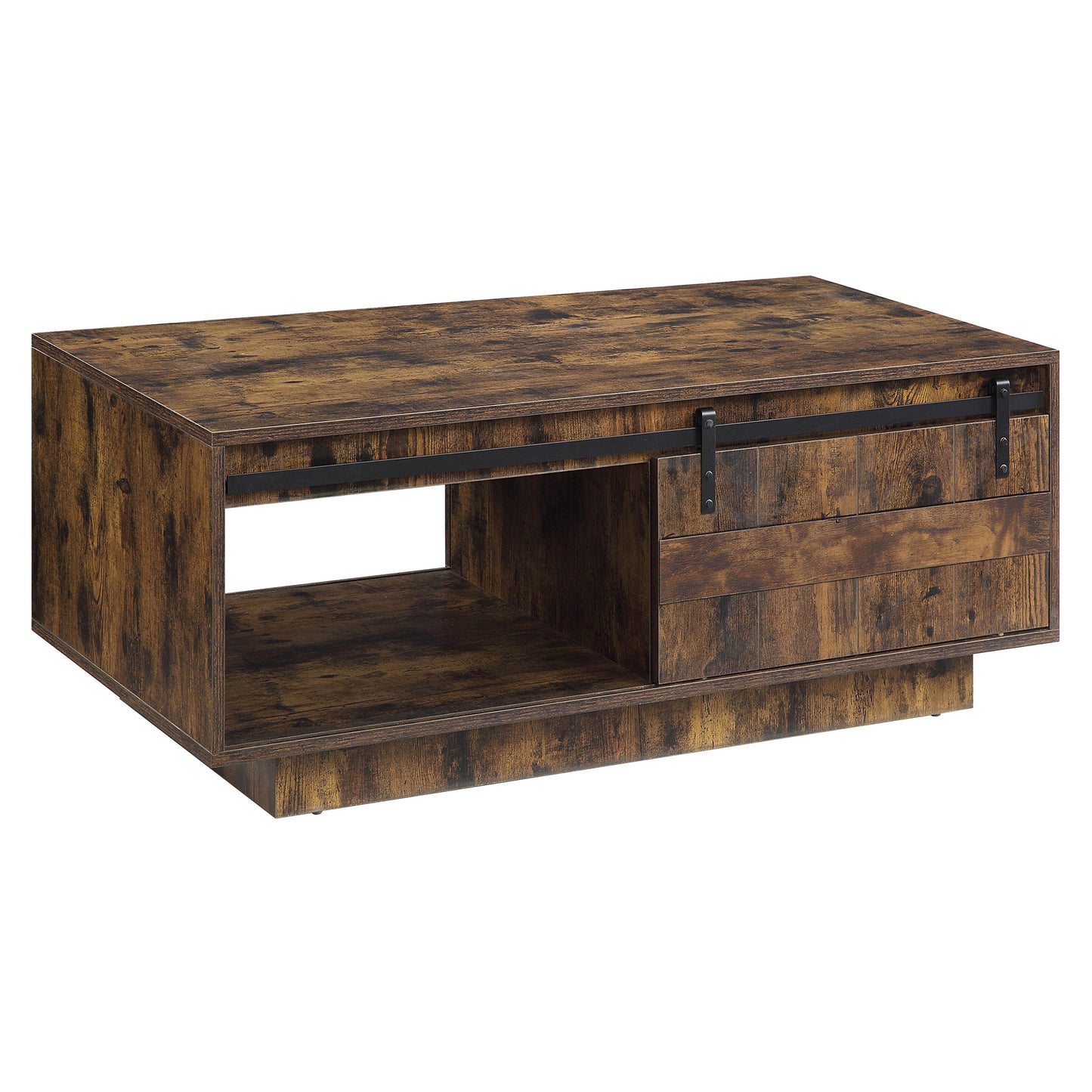 Rustic brown wood coffee table with two drawers and open shelf industrial design