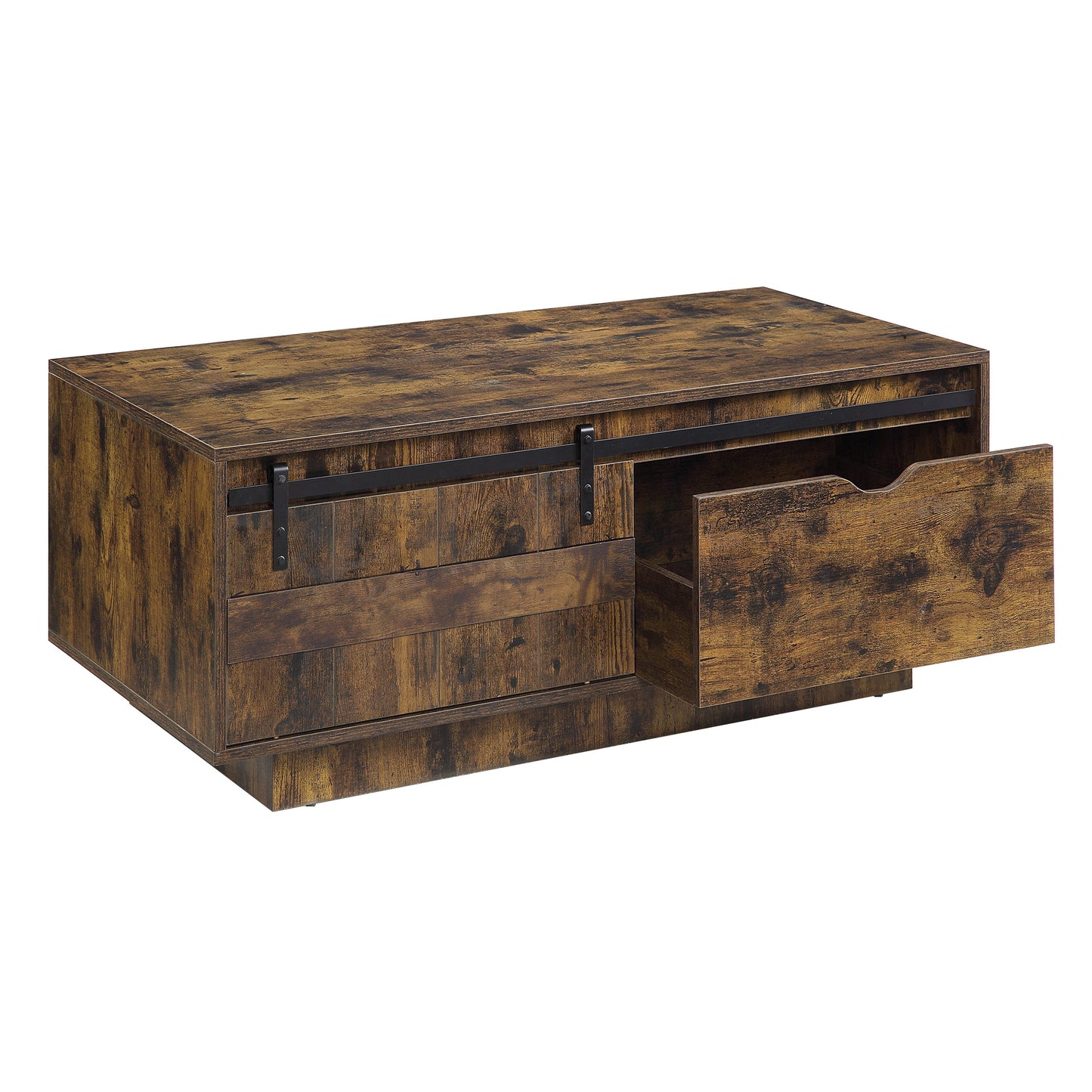 Rustic brown coffee table with sliding barn door and ample storage space