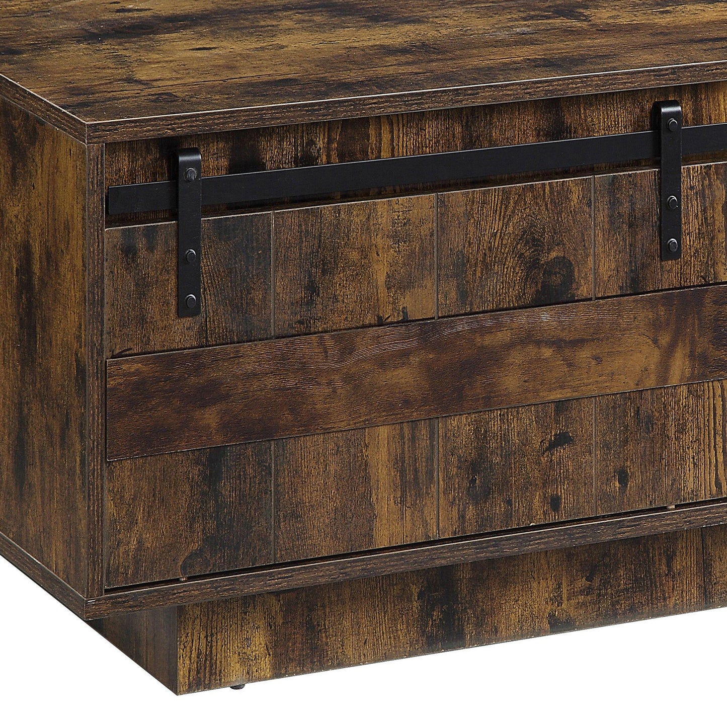 Rustic brown wood coffee table with sliding barn door style drawer front