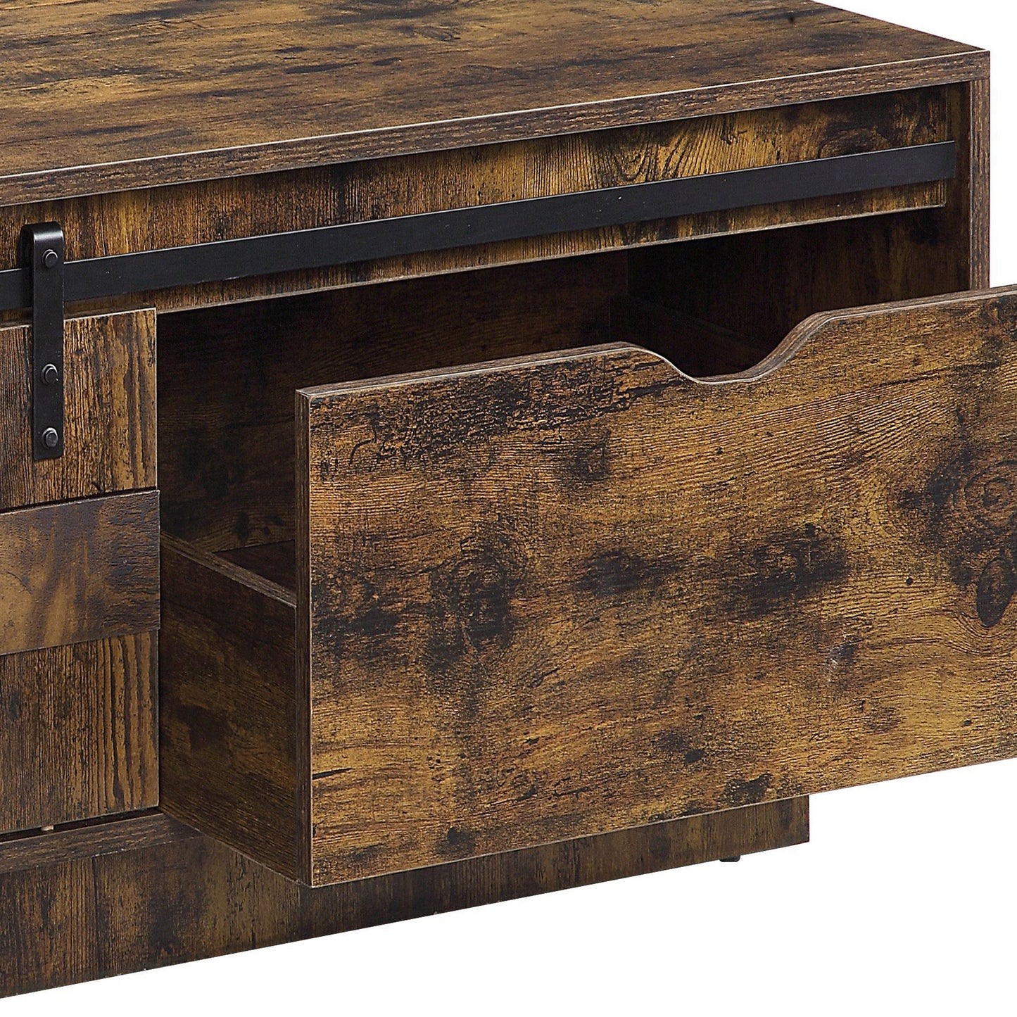 Rustic brown wood tv stand with sliding barn door and open shelf storage