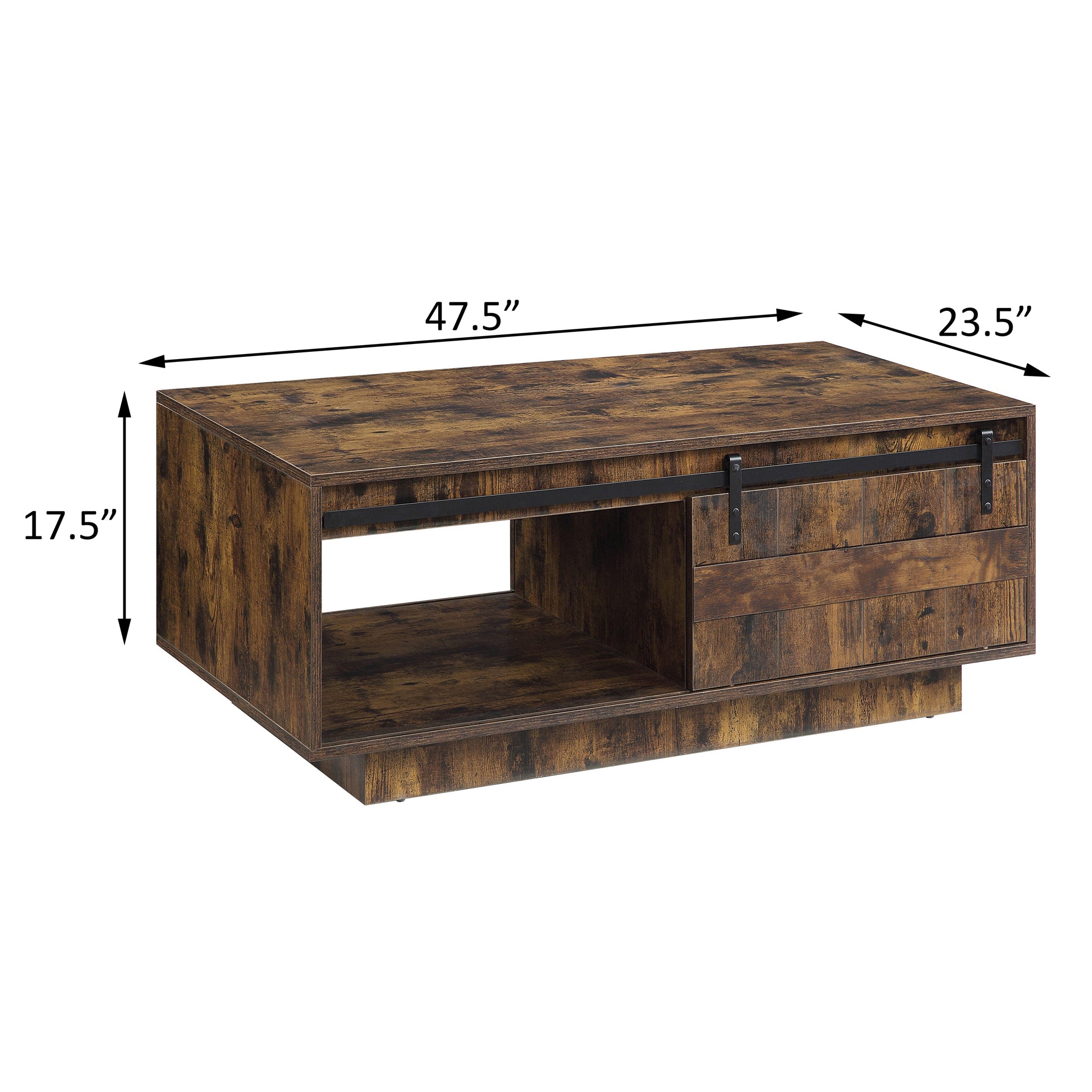 Rustic wood coffee table with sliding barn door style drawer fronts and open shelf