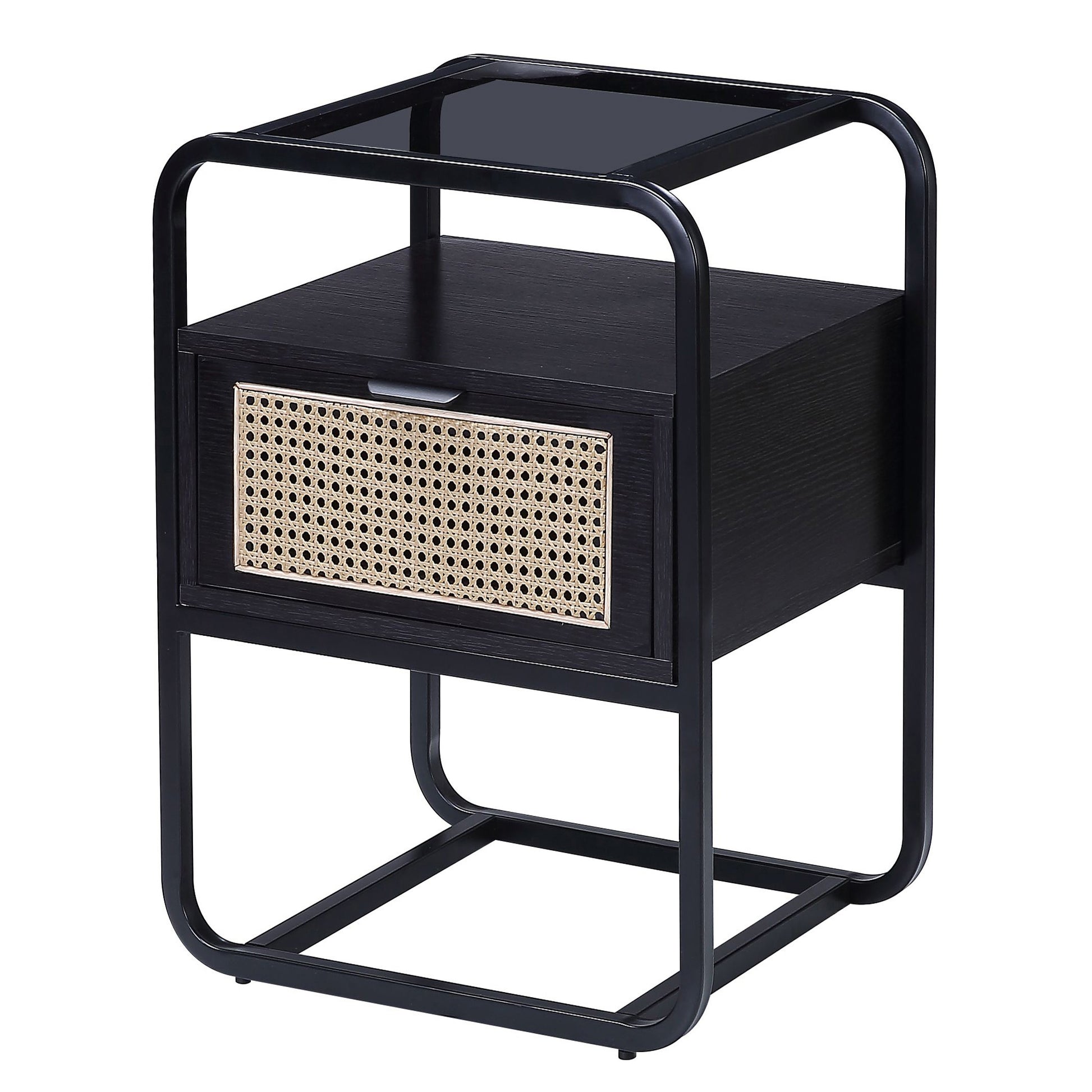 Black wooden nightstand with cane drawer front and metal frame