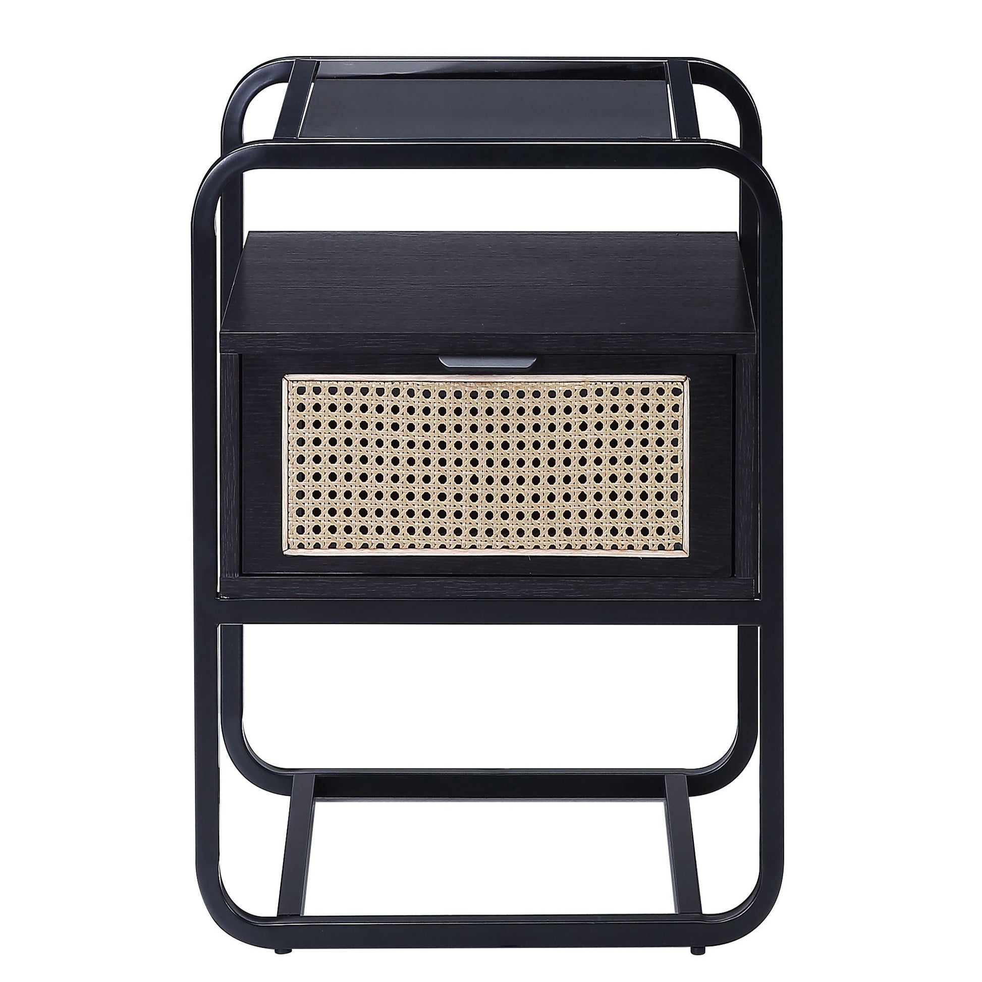 Black metal nightstand with cane drawer front and woodgrain finish
