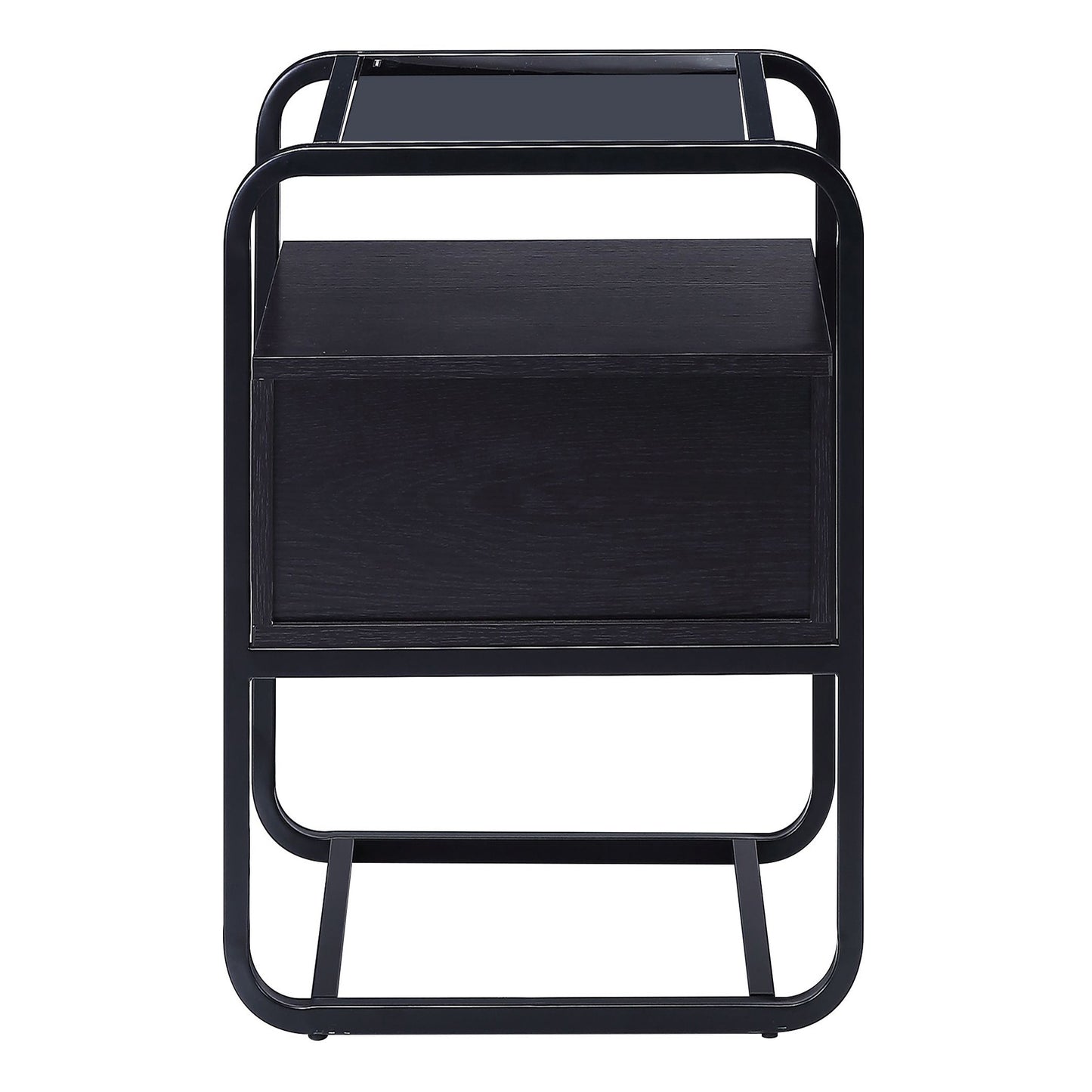 Black modern nightstand with metal frame and wood drawer perfect for bedroom storage