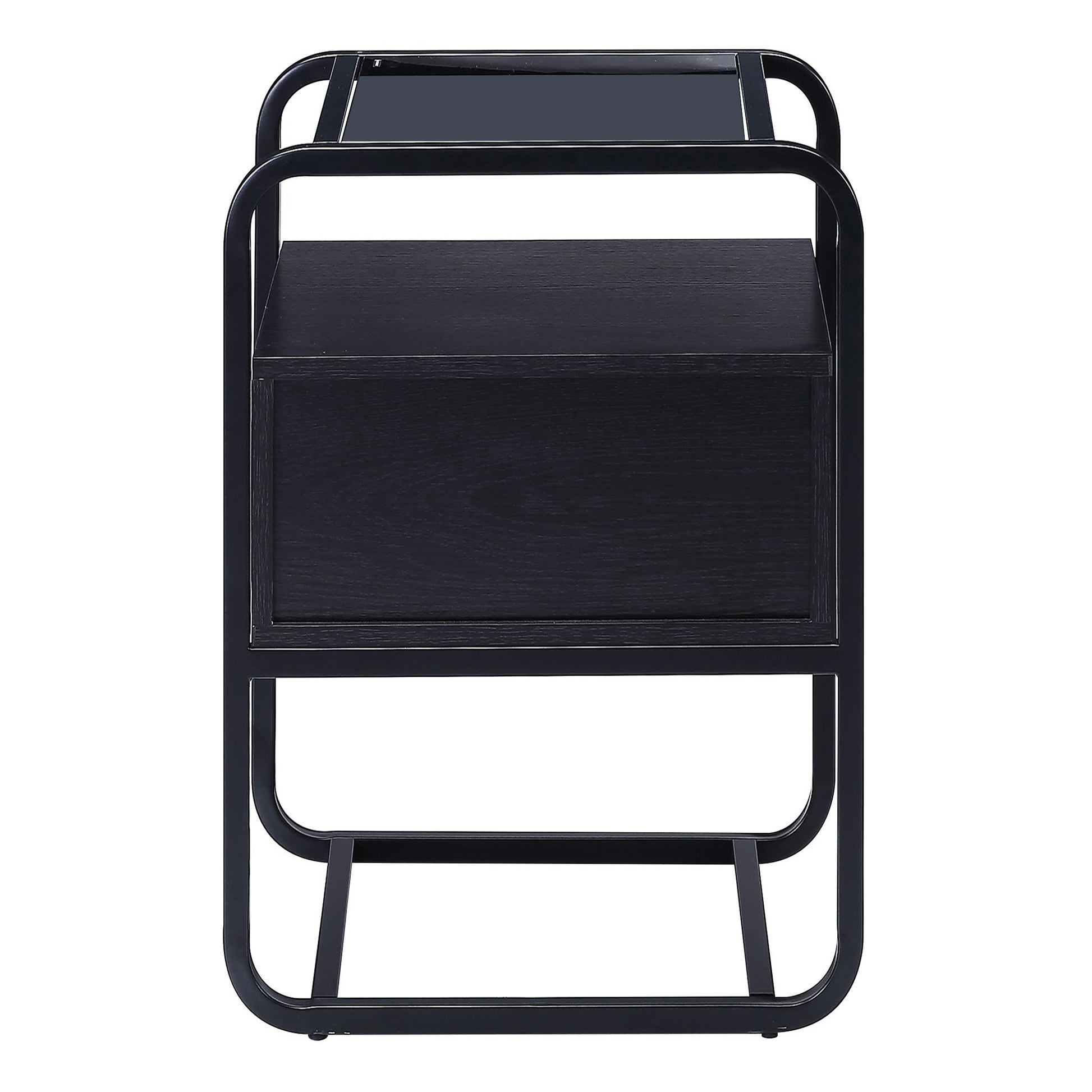 Black modern nightstand with metal frame and wood drawer perfect for bedroom storage