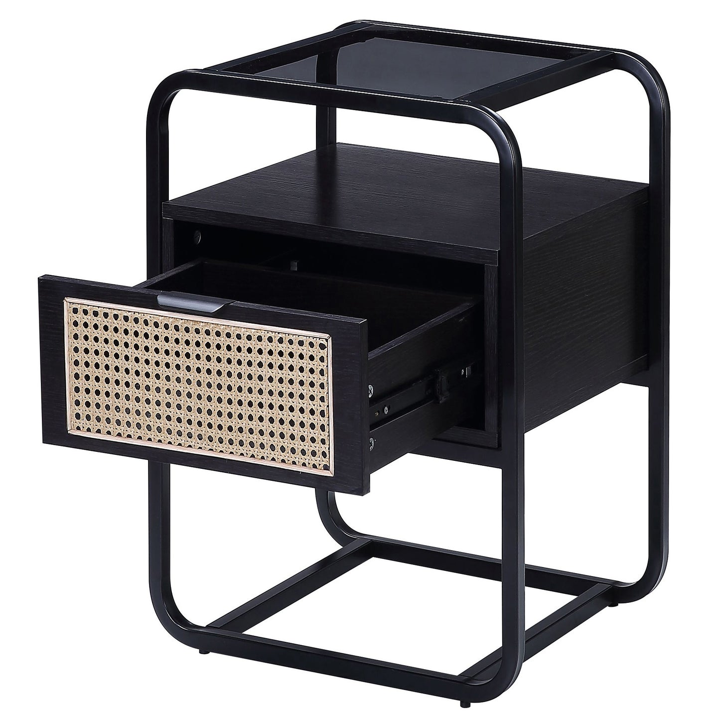 Black metal frame side table with cane drawer and open shelf