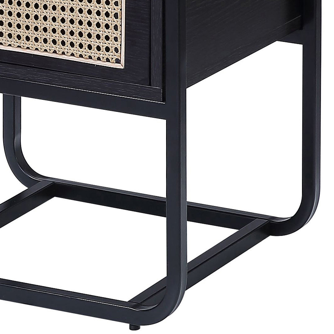 Black wood and cane accent table with metal frame legs