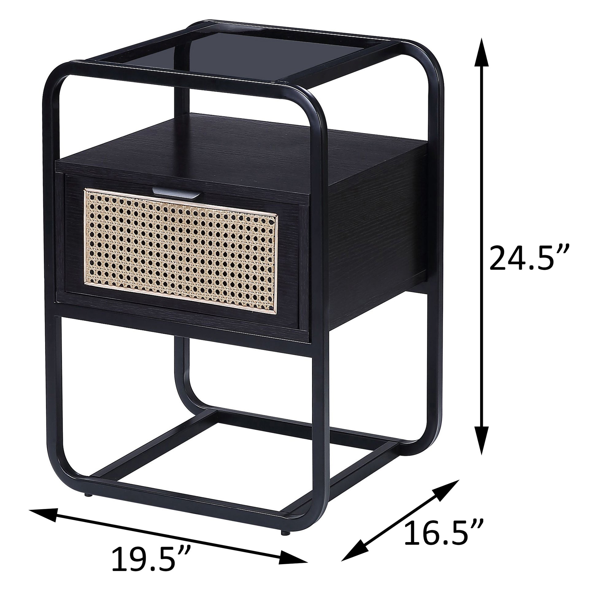 Black bedside table with rattan drawer front and metal frame