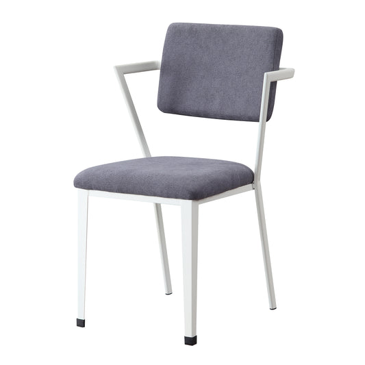 Grey upholstered dining chair with white metal frame and angled legs