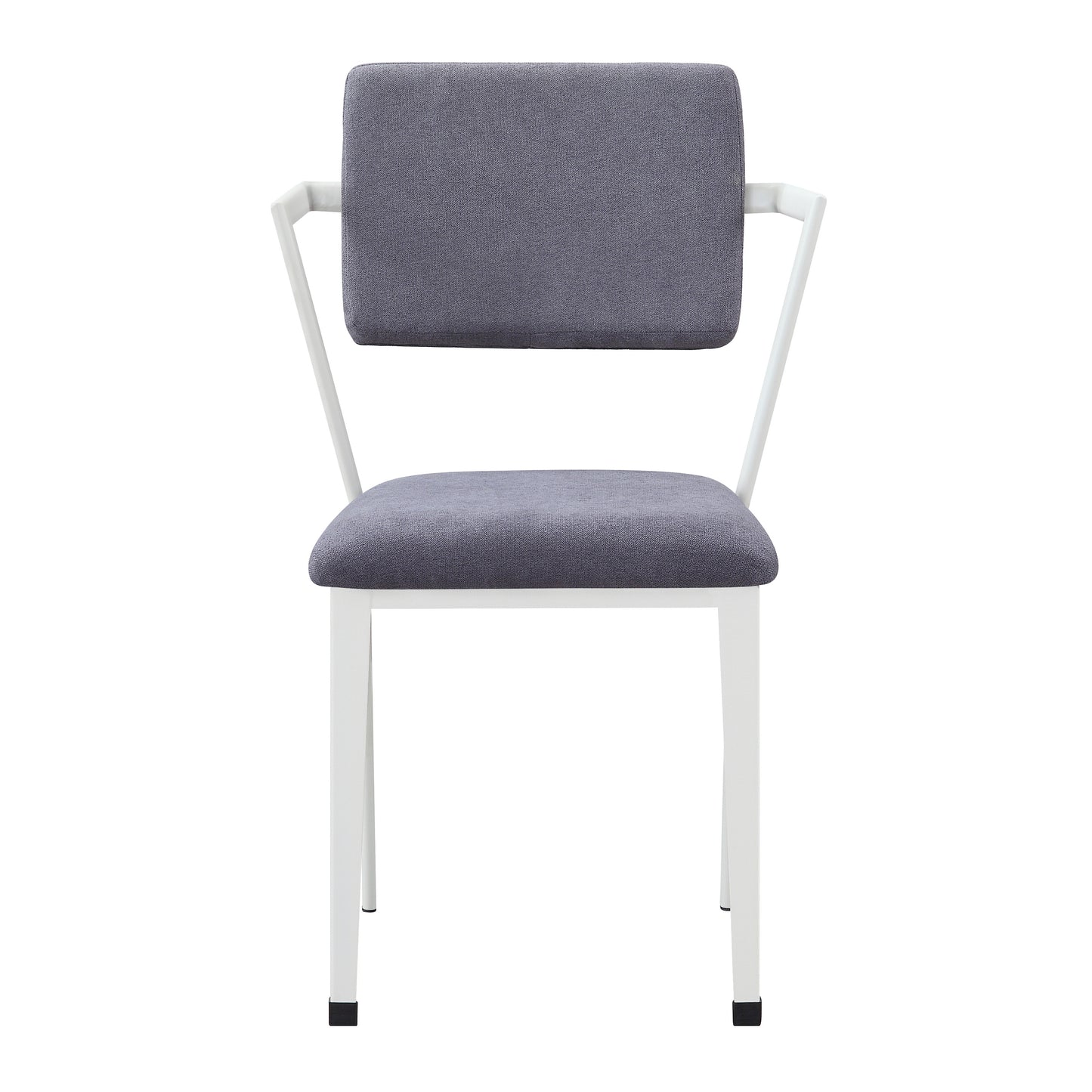 Gray upholstered dining chair with white metal frame and slender legs