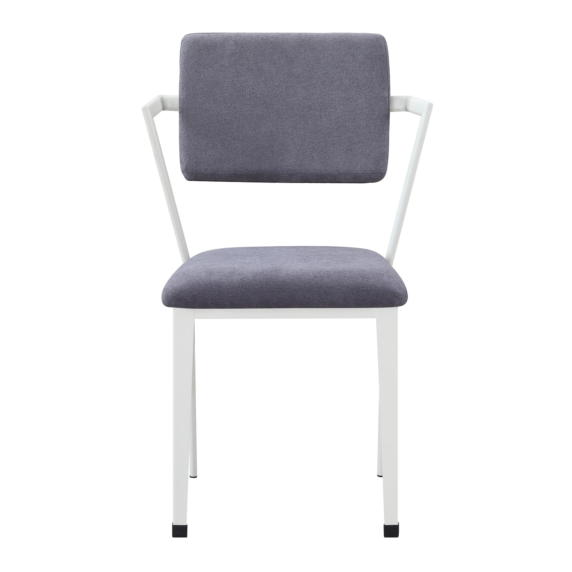 Gray upholstered dining chair with white metal frame and slender legs