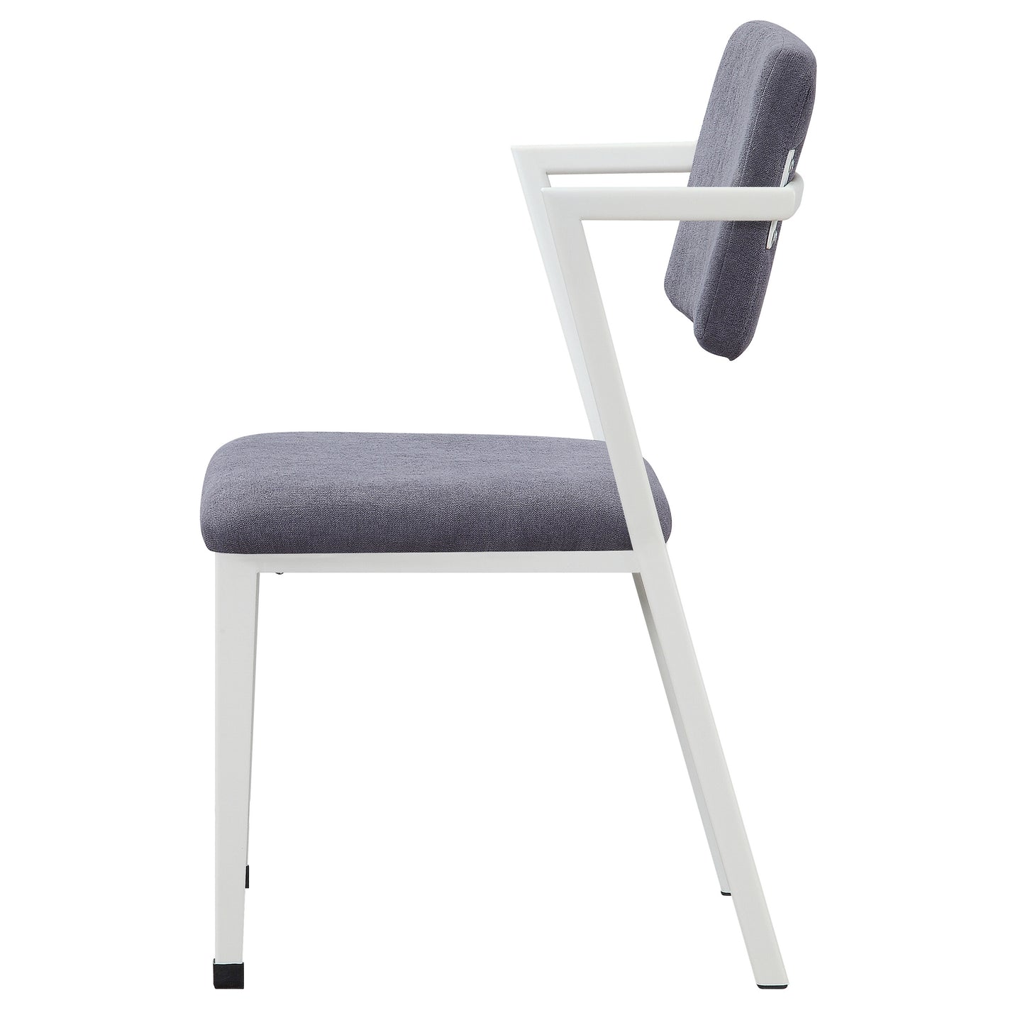 Modern gray upholstered dining chair with white metal frame and arms