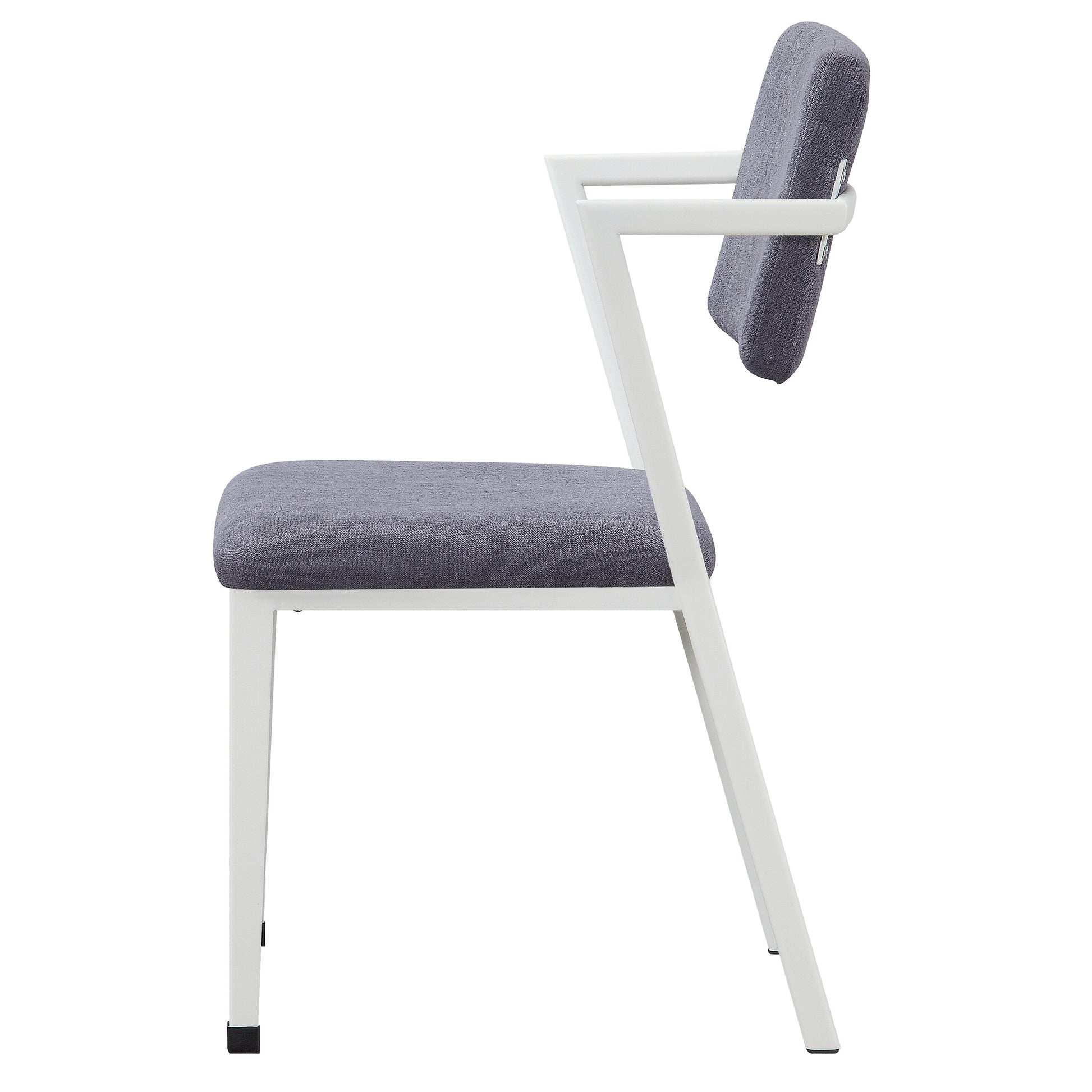 Modern gray upholstered dining chair with white metal frame and arms
