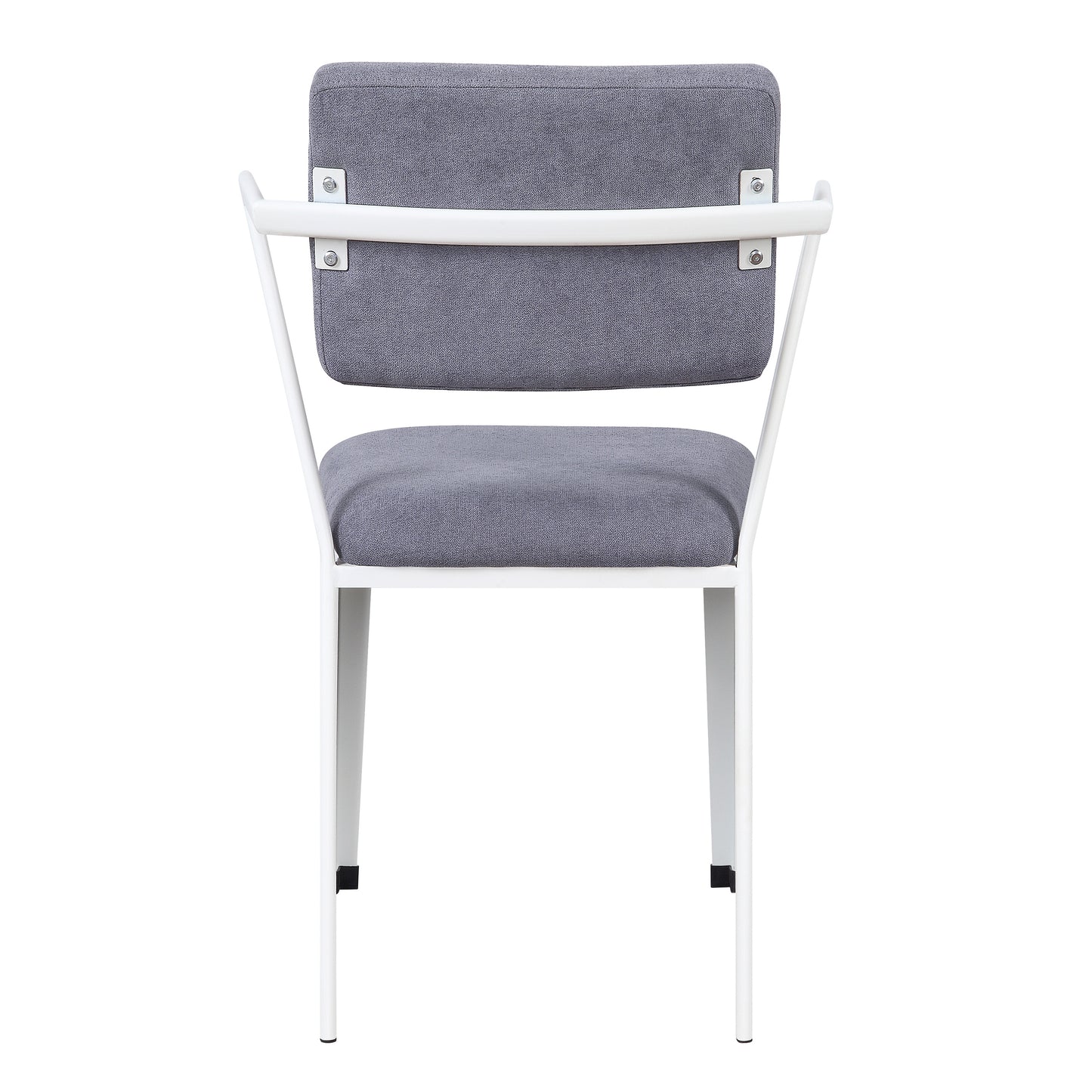 Modern grey upholstered dining chair with white metal frame and arms