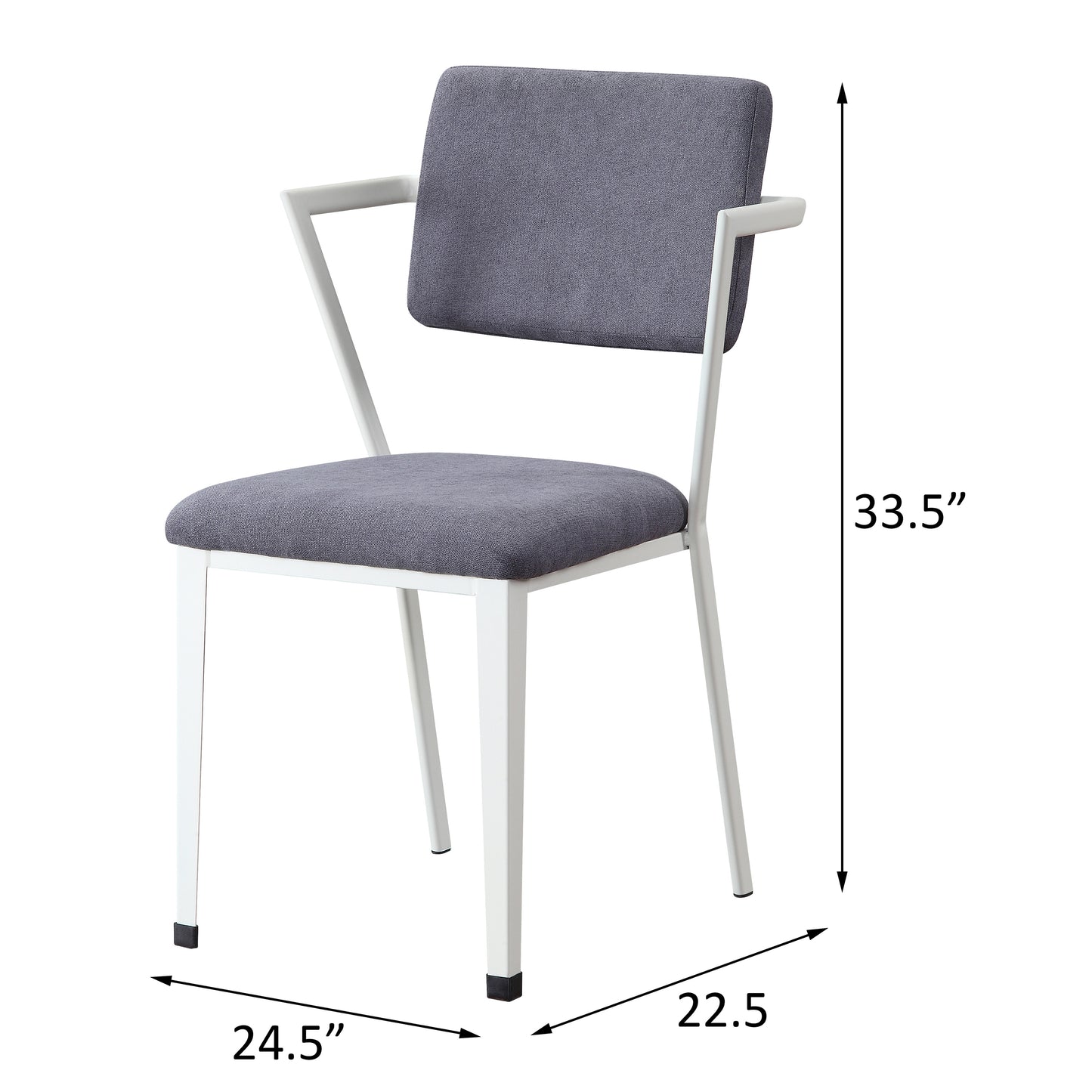 Modern grey fabric dining chair with white metal frame and armrests  wide