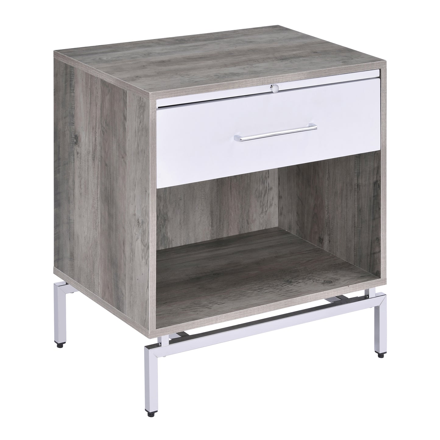 Grey wood grain nightstand with white drawer and silver handle