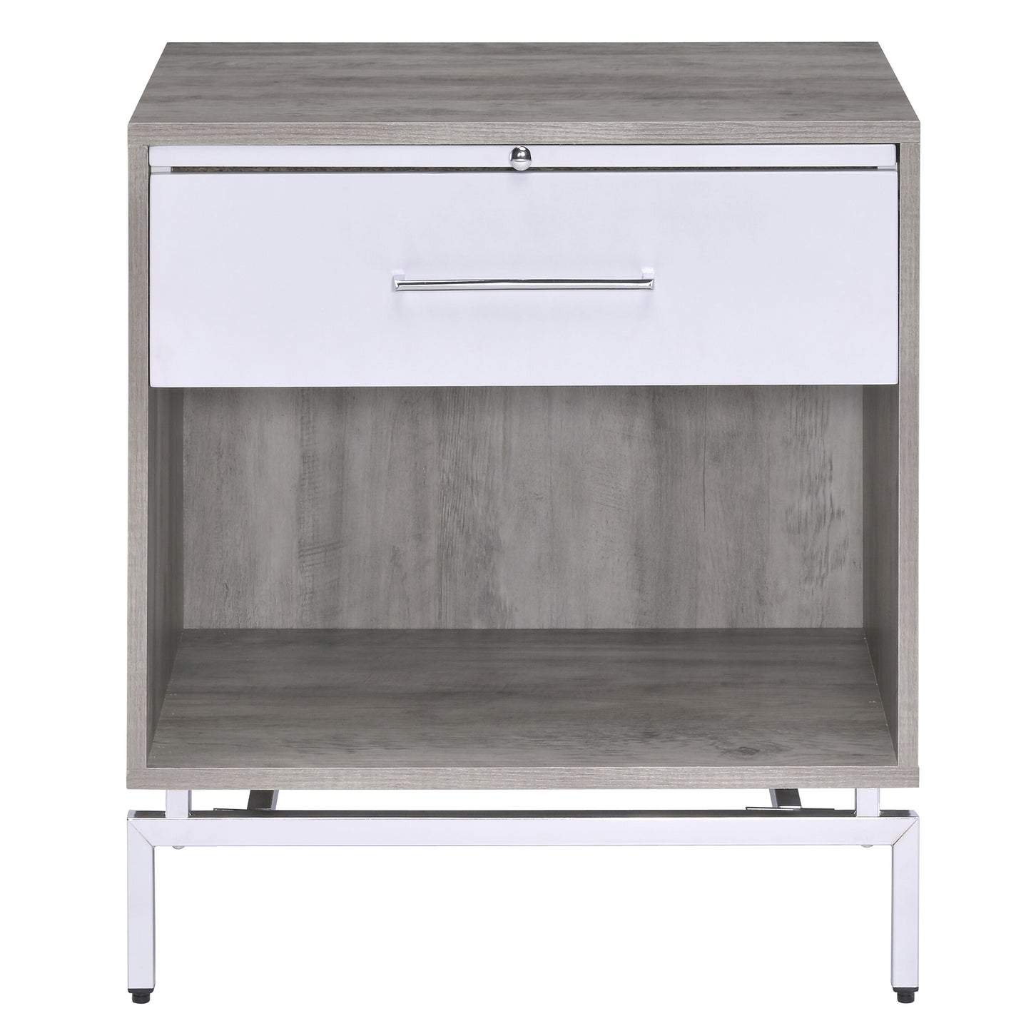 Modern gray wood grain and white bedside table with open shelf and chrome handle