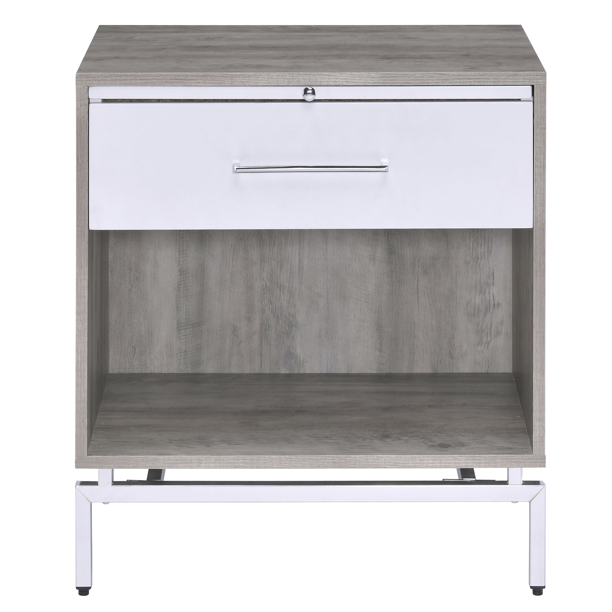 Modern gray wood grain and white bedside table with open shelf and chrome handle