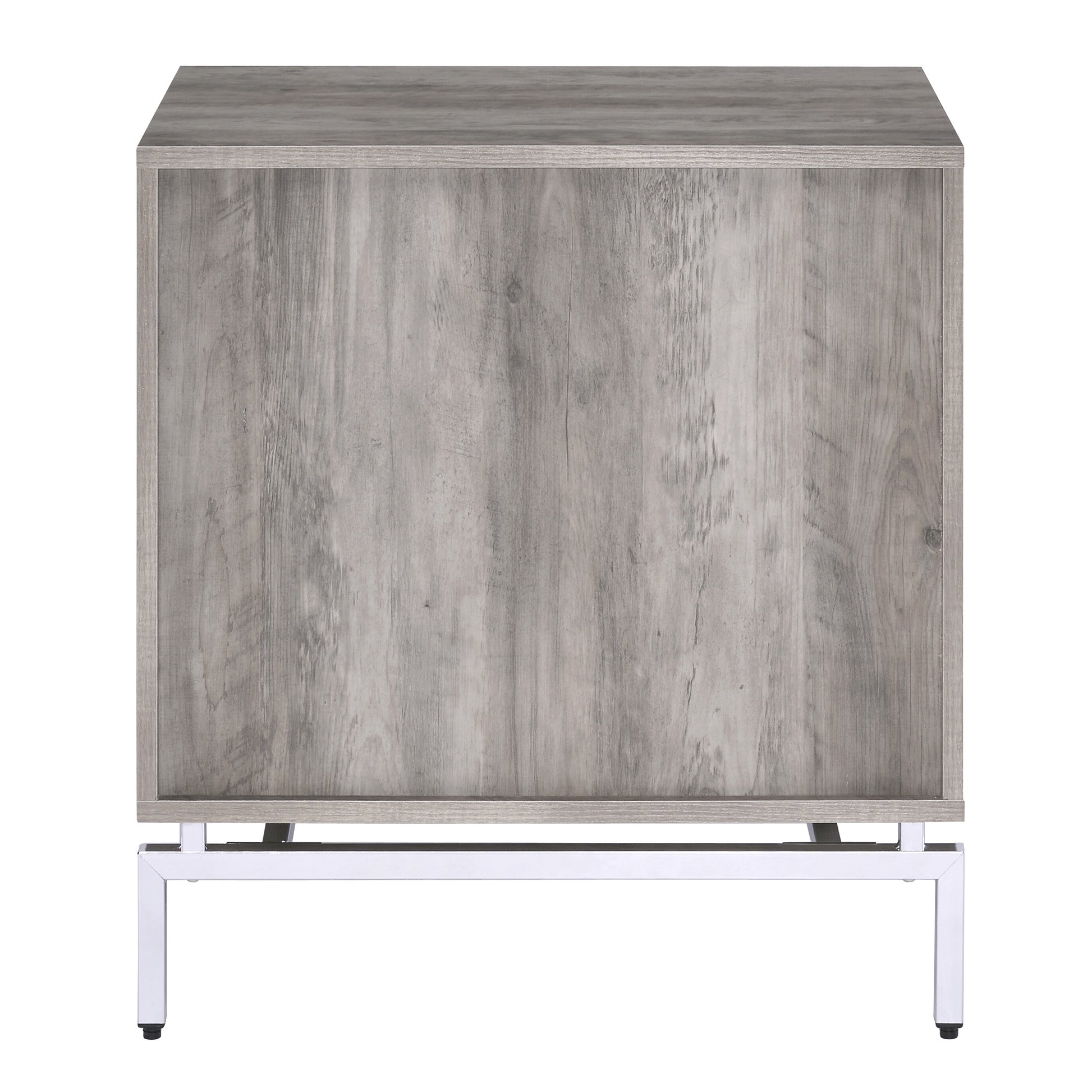 Distressed gray wood cabinet with modern white metal legs perfect for contemporary living rooms