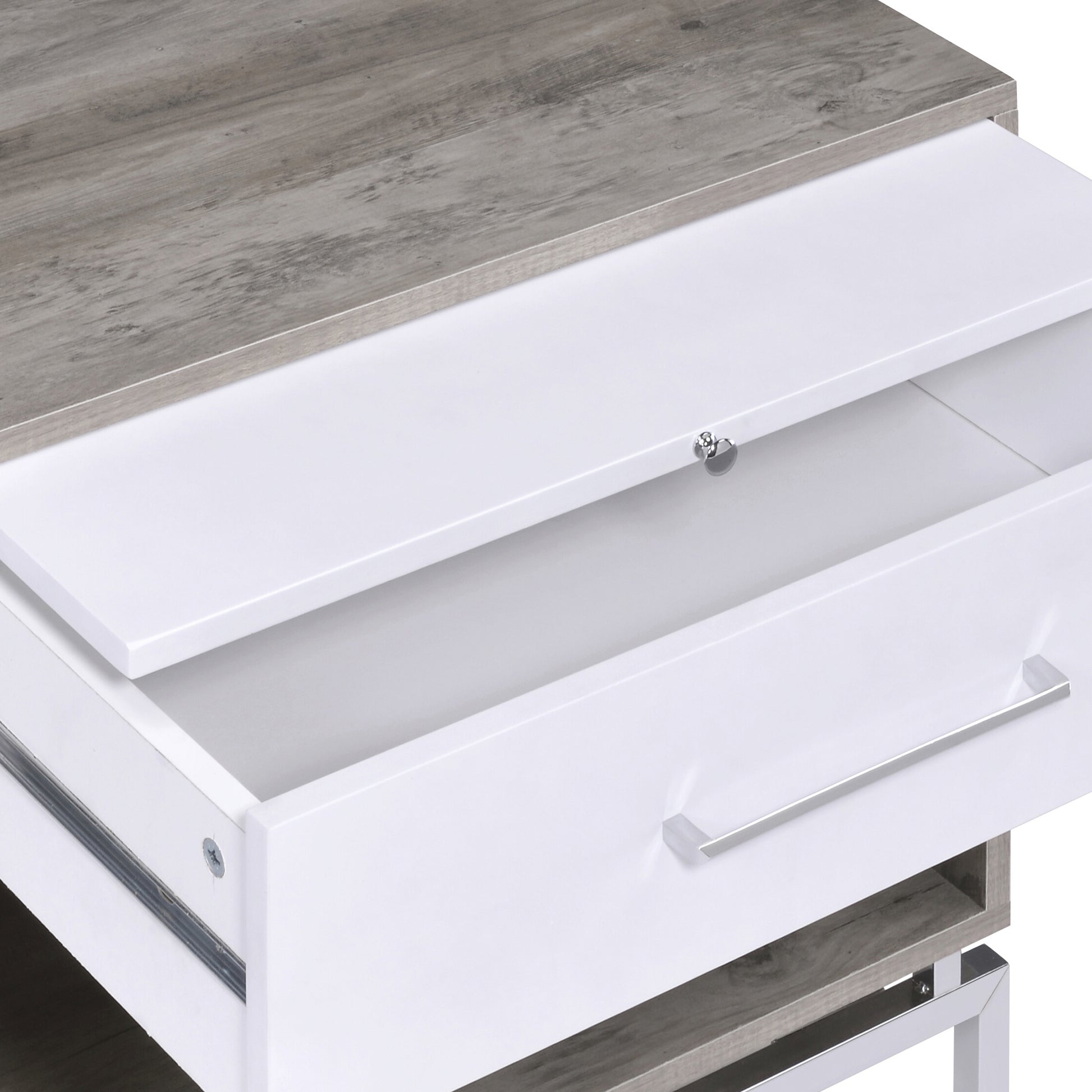 Modern white and grey wood coffee table with open drawer and silver handle