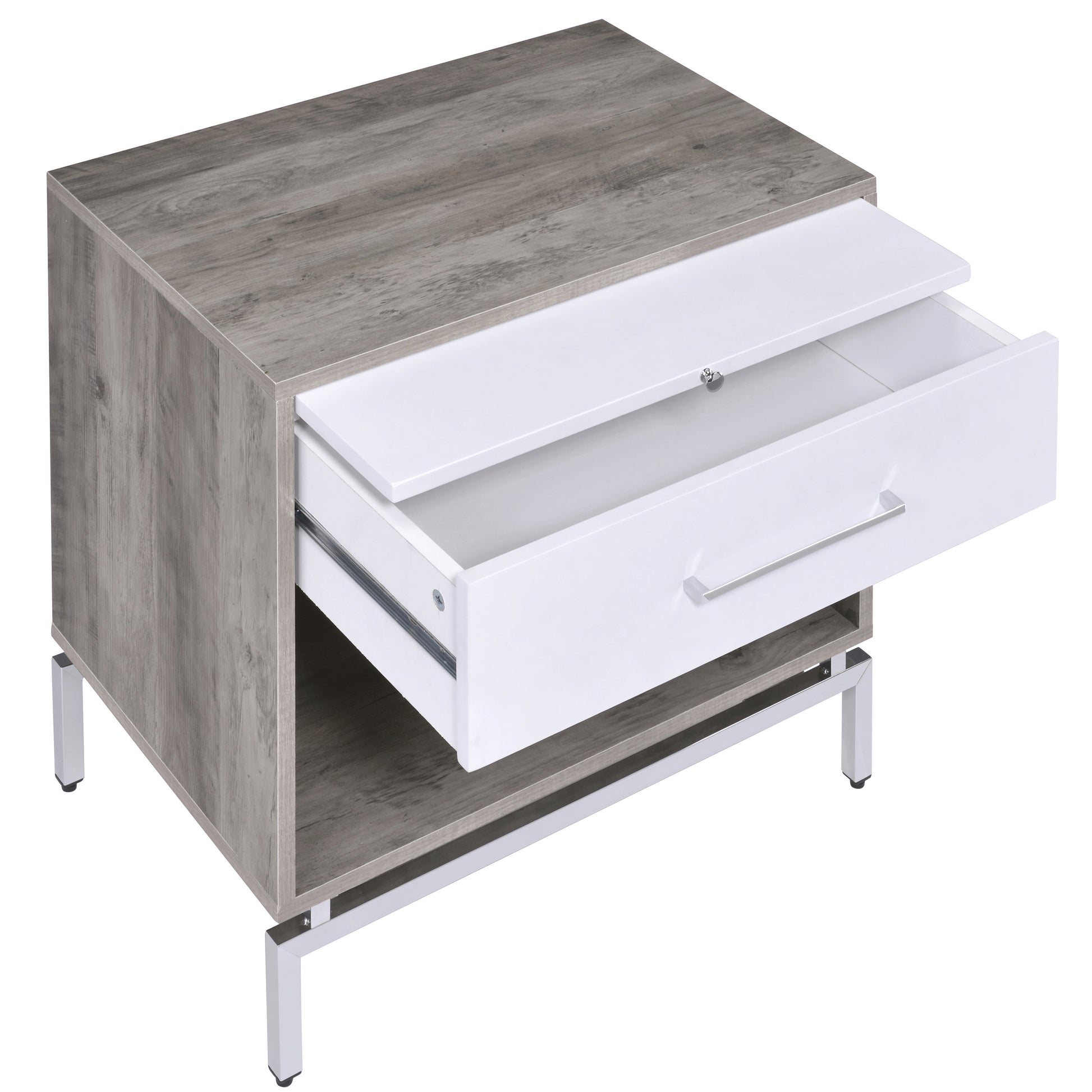 Modern grey wood finish nightstand with white drawer and silver handle