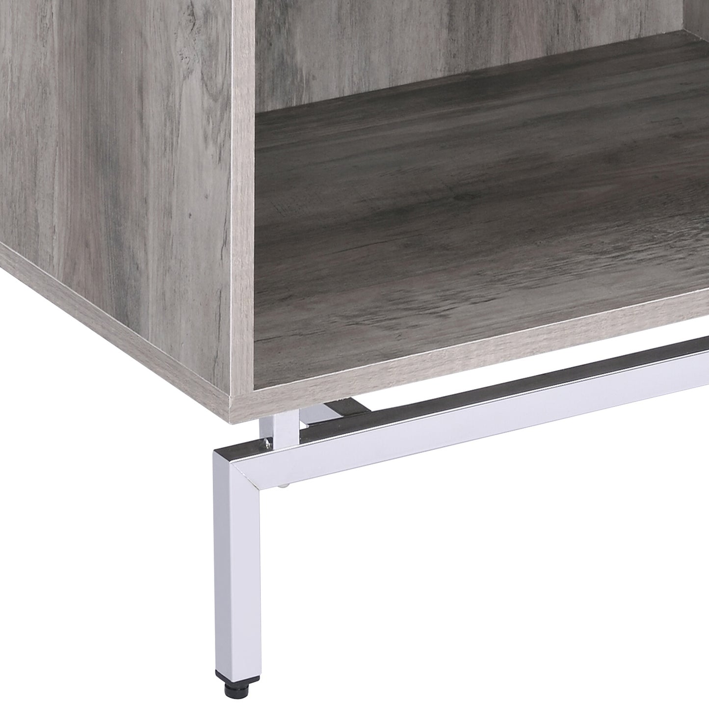 Grey wood veneer storage cube with sleek chrome legs