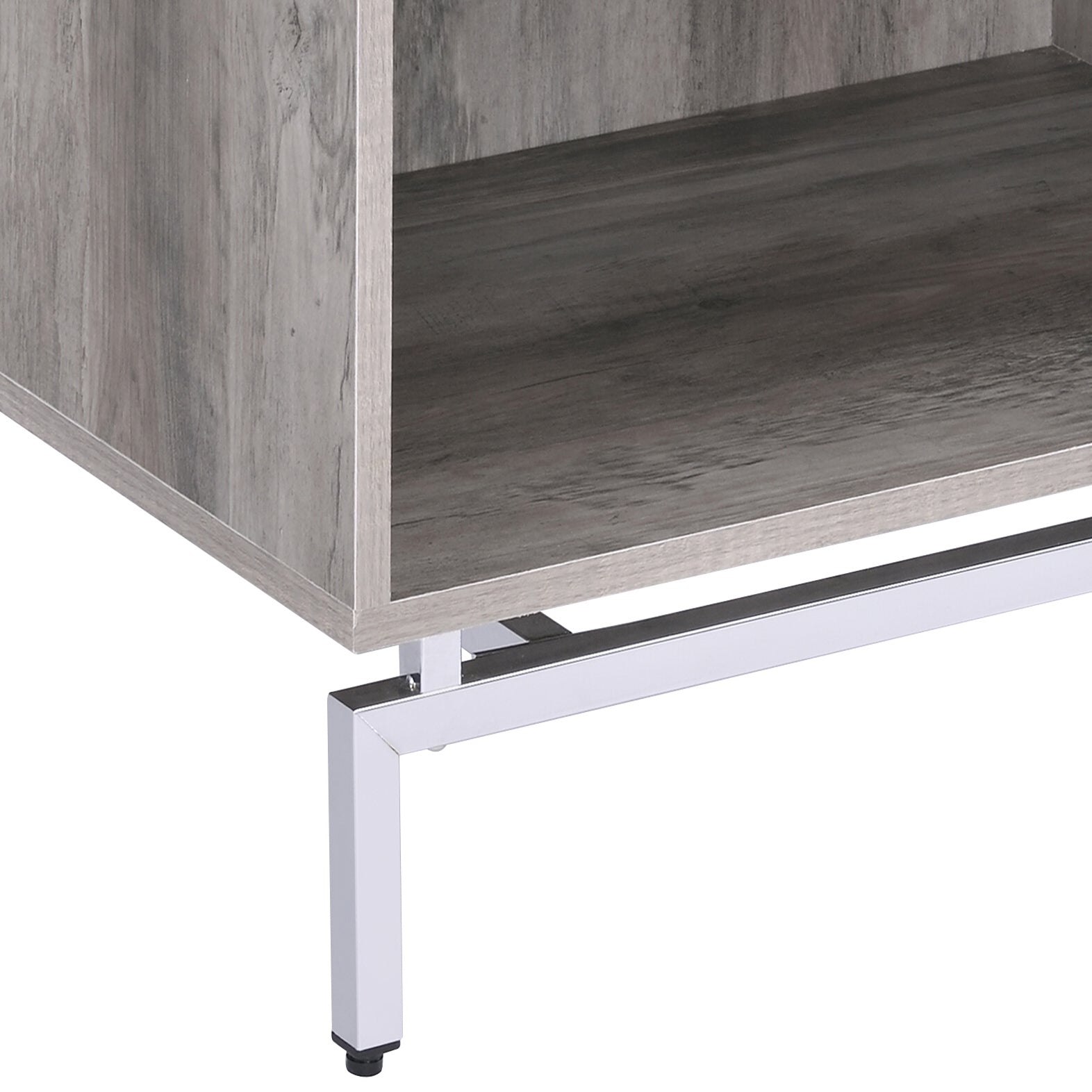 Grey wood veneer storage cube with sleek chrome legs