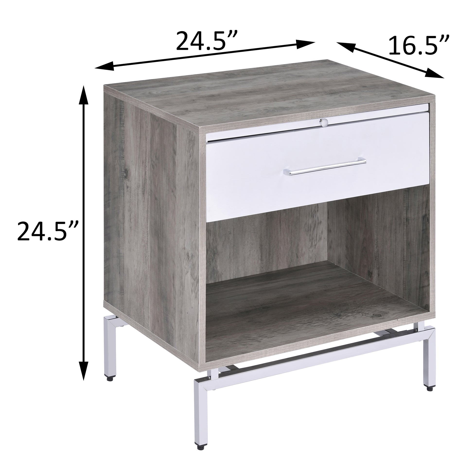 Gray wood grain nightstand with white drawer and metal legs