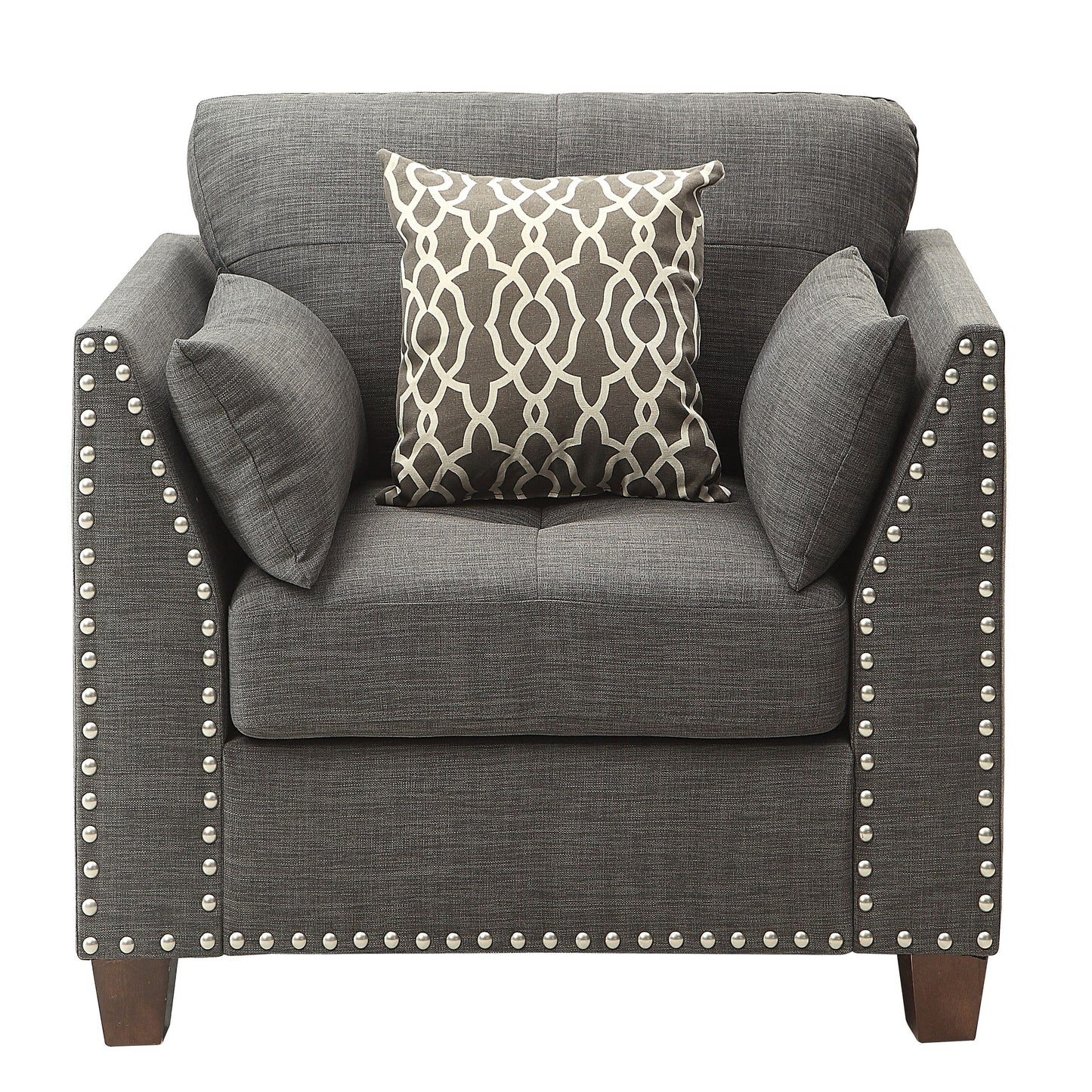 Dark gray fabric accent chair with nailhead trim and patterned throw pillow