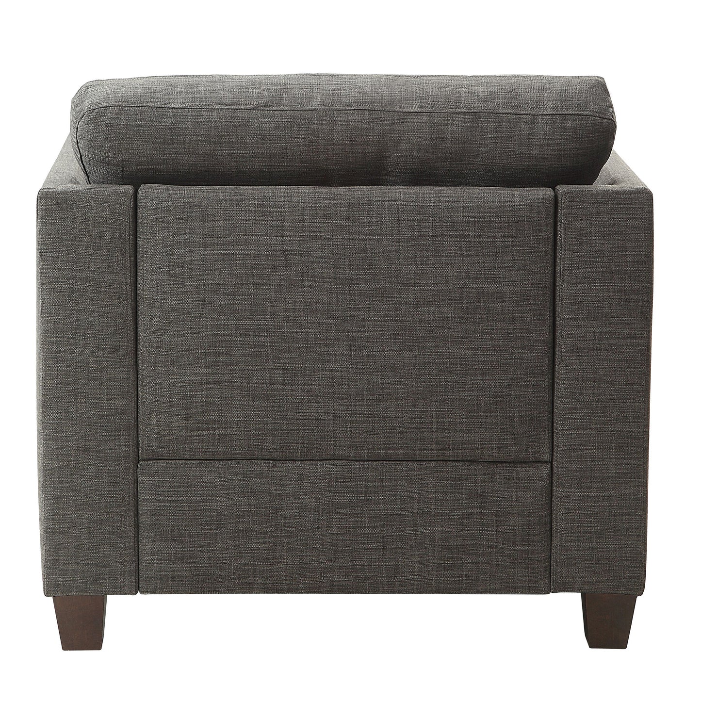 Back view of a modern charcoal grey fabric armchair with square wooden legs
