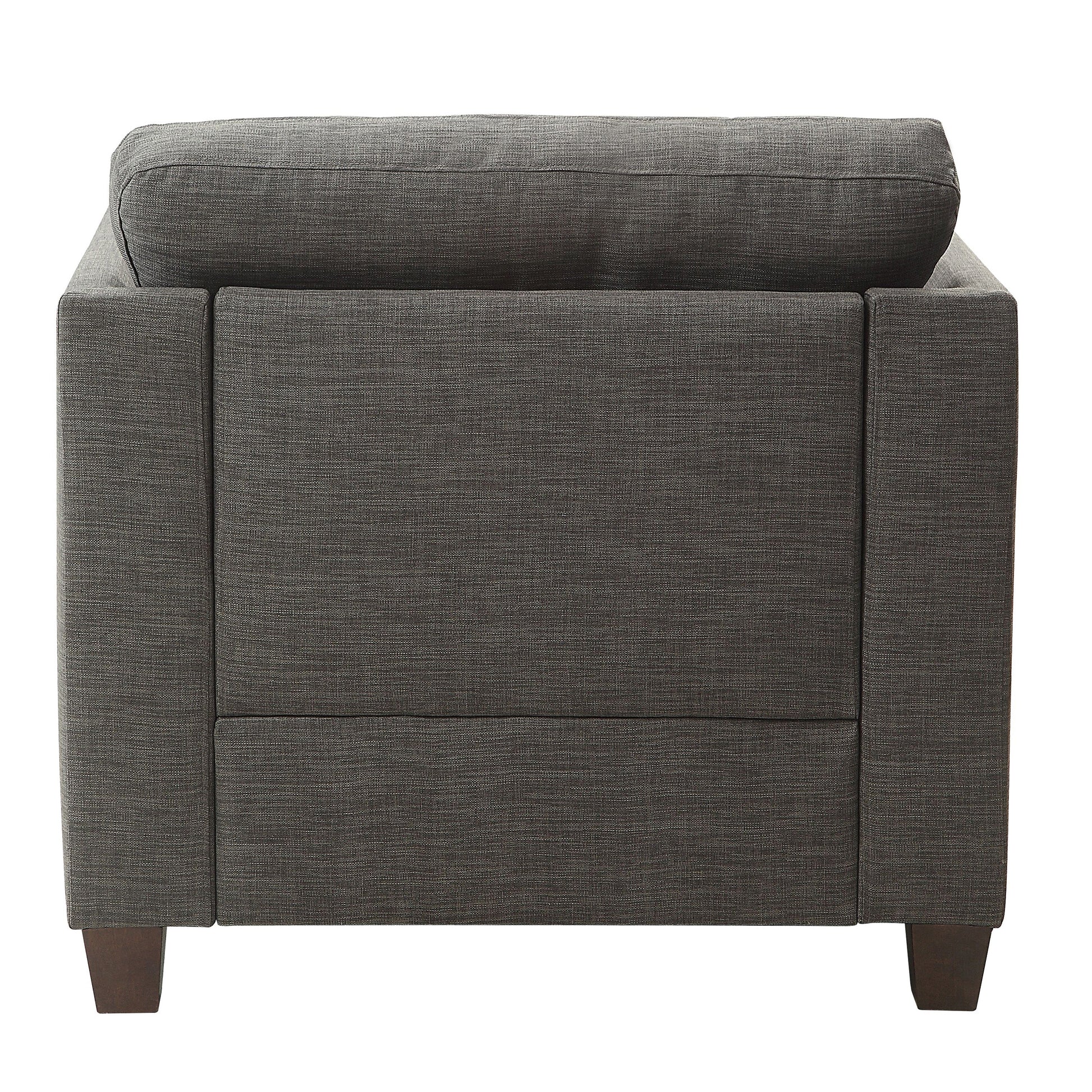 Back view of a modern charcoal grey fabric armchair with square wooden legs