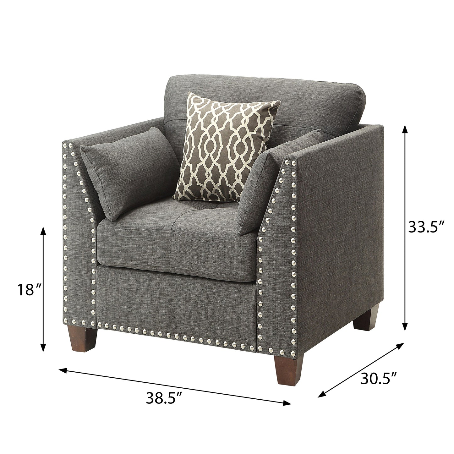 Dark gray fabric accent chair with silver nailhead trim and patterned throw pillow