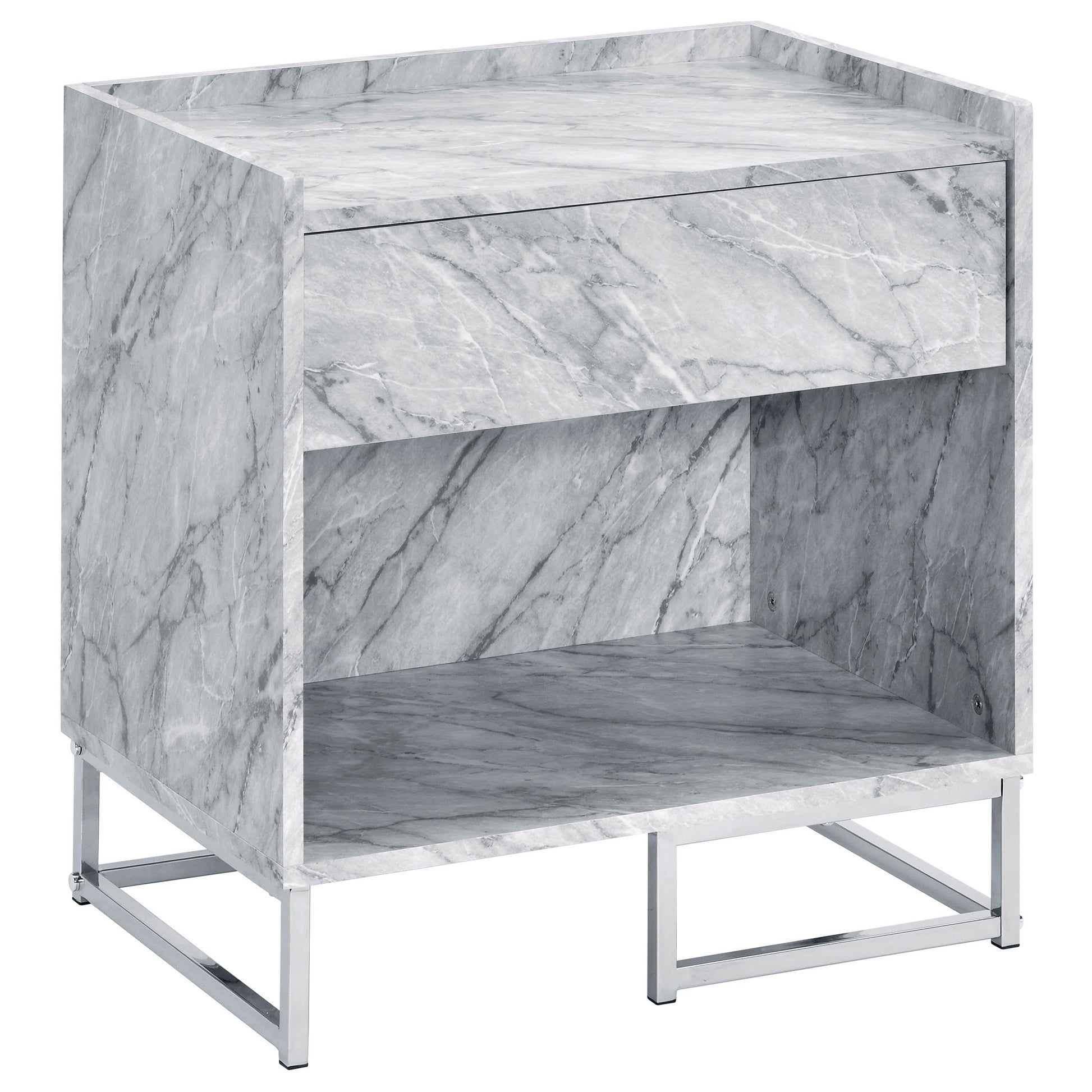 Modern gray marble nightstand with chrome legs and one drawer