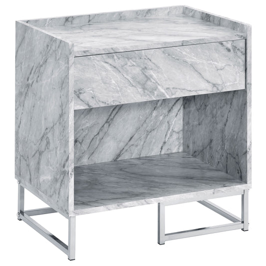 Modern gray marble nightstand with chrome legs and one drawer