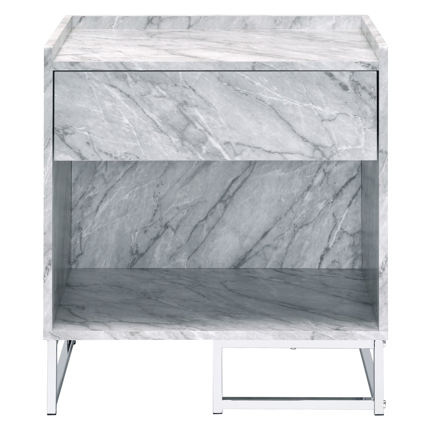 Modern marble nightstand with one drawer and open shelf chrome legs