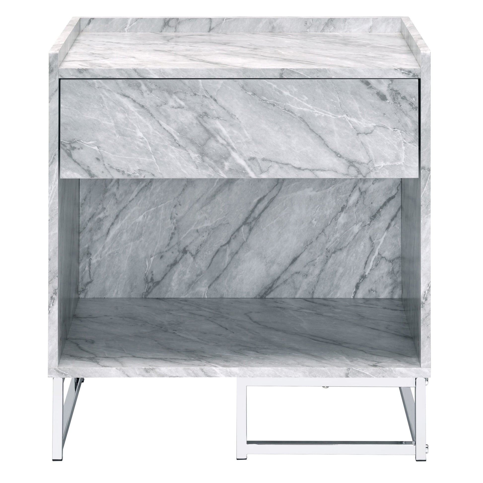 Modern marble nightstand with one drawer and open shelf chrome legs